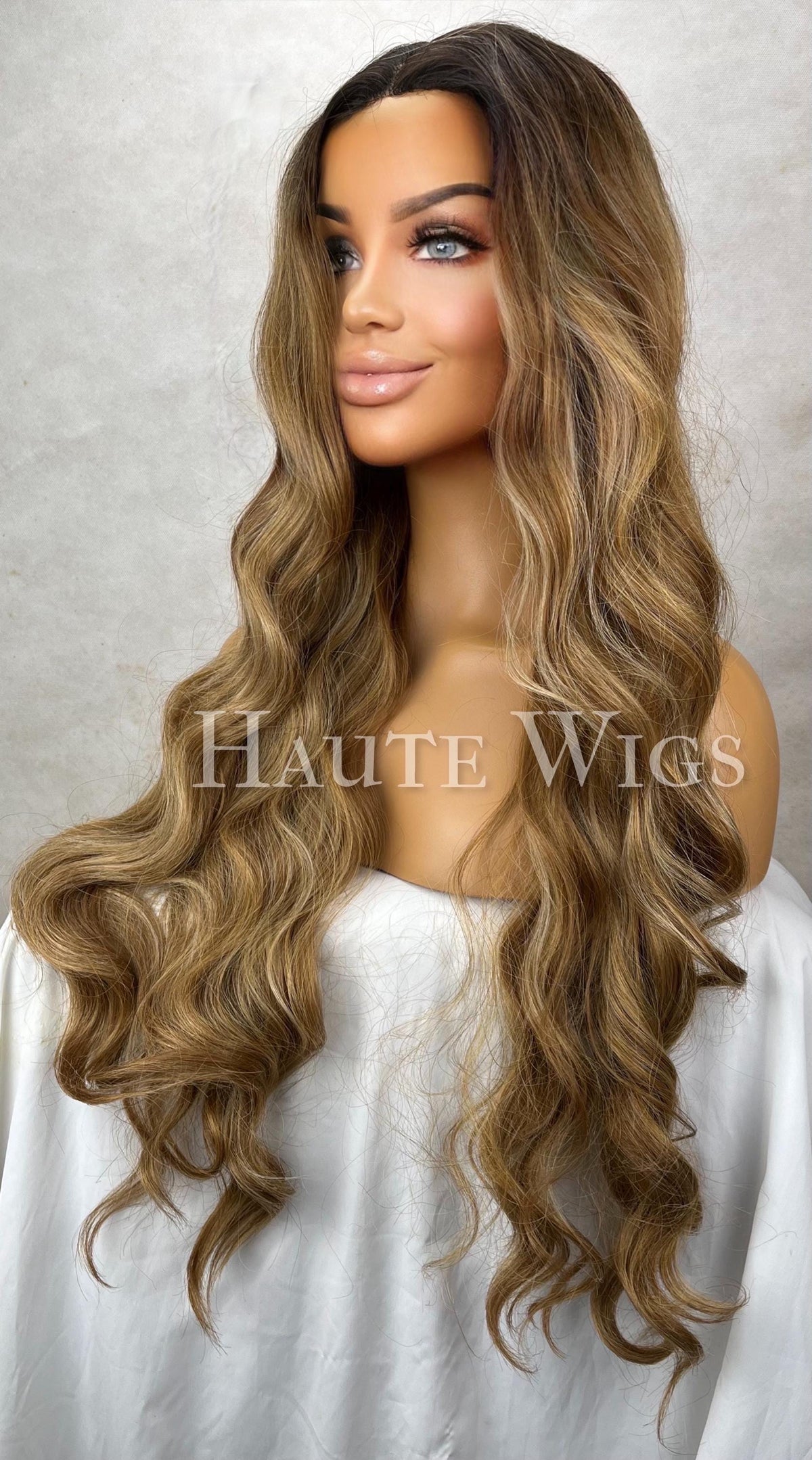 Inspired Wavy Long 36 Inches Pre cut lace Front Wig Deep Golden blonde brown Stunning Human Hair Synthetic Blends Curly Beautiful Density