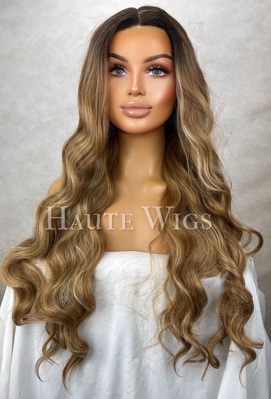 Inspired Wavy Long 36 Inches Pre cut lace Front Wig Deep Golden blonde brown Stunning Human Hair Synthetic Blends Curly Beautiful Density