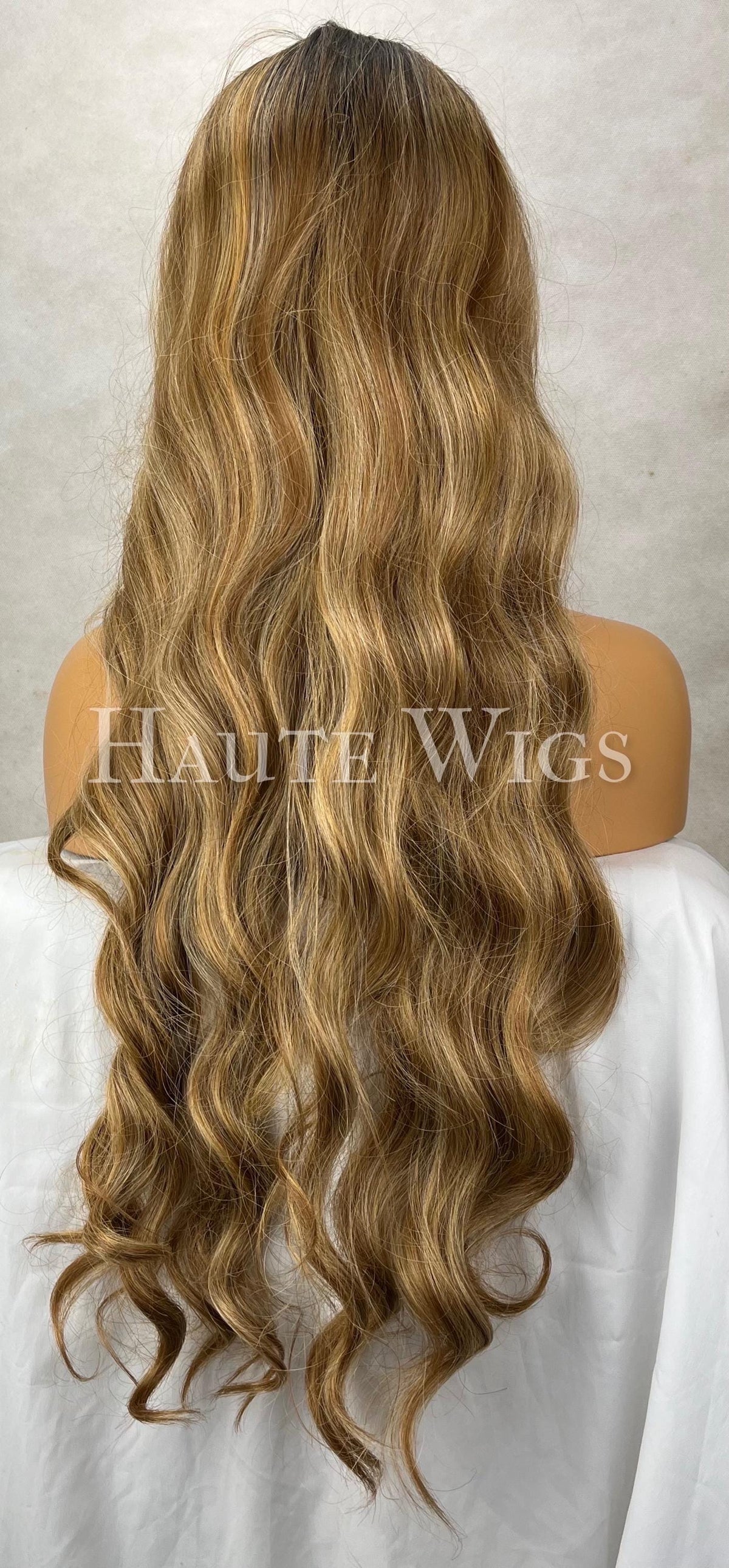 Inspired Wavy Long 36 Inches Pre cut lace Front Wig Deep Golden blonde brown Stunning Human Hair Synthetic Blends Curly Beautiful Density