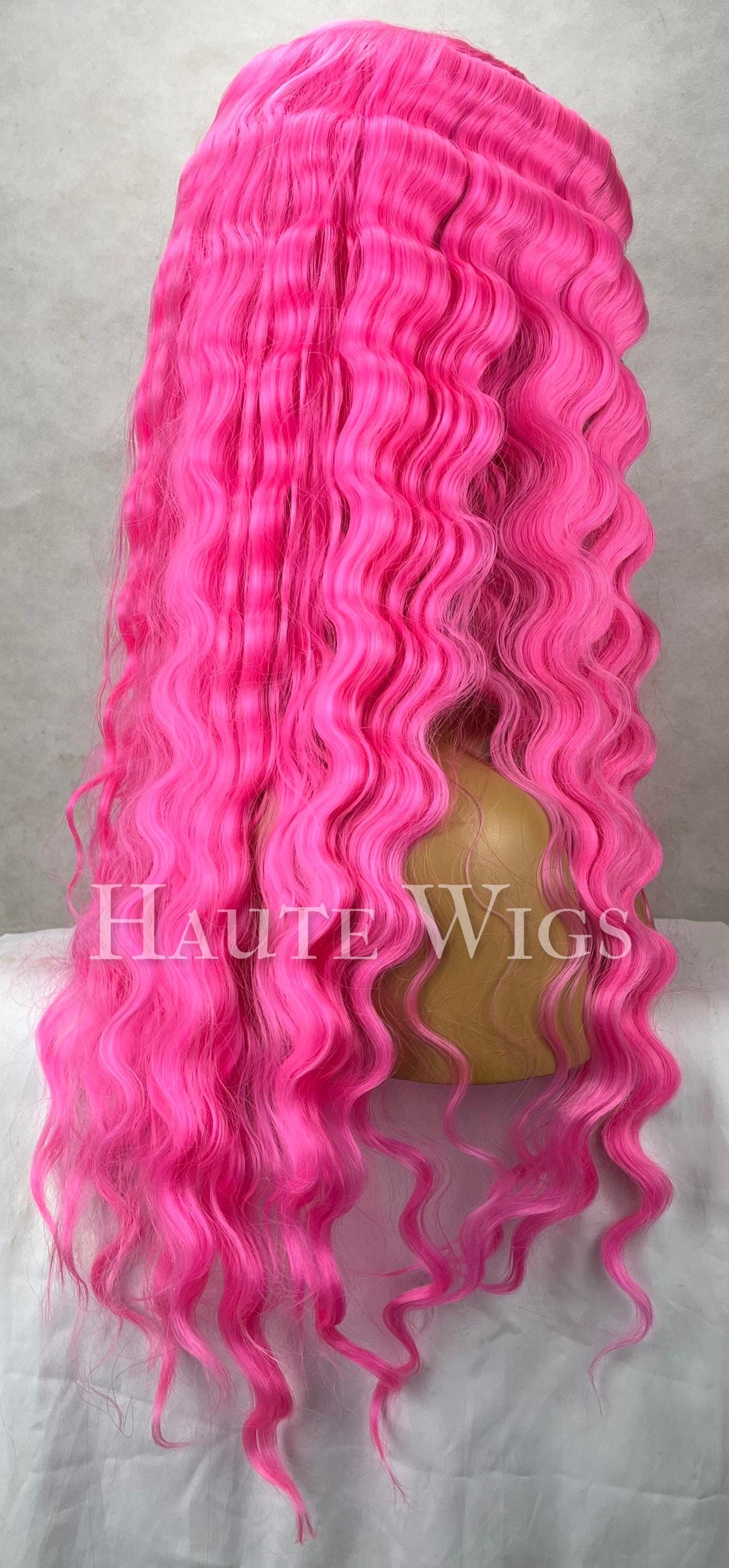 Shocking - 26 inch Neon Pink Wavy Lace Front Wig vegan water waves curles