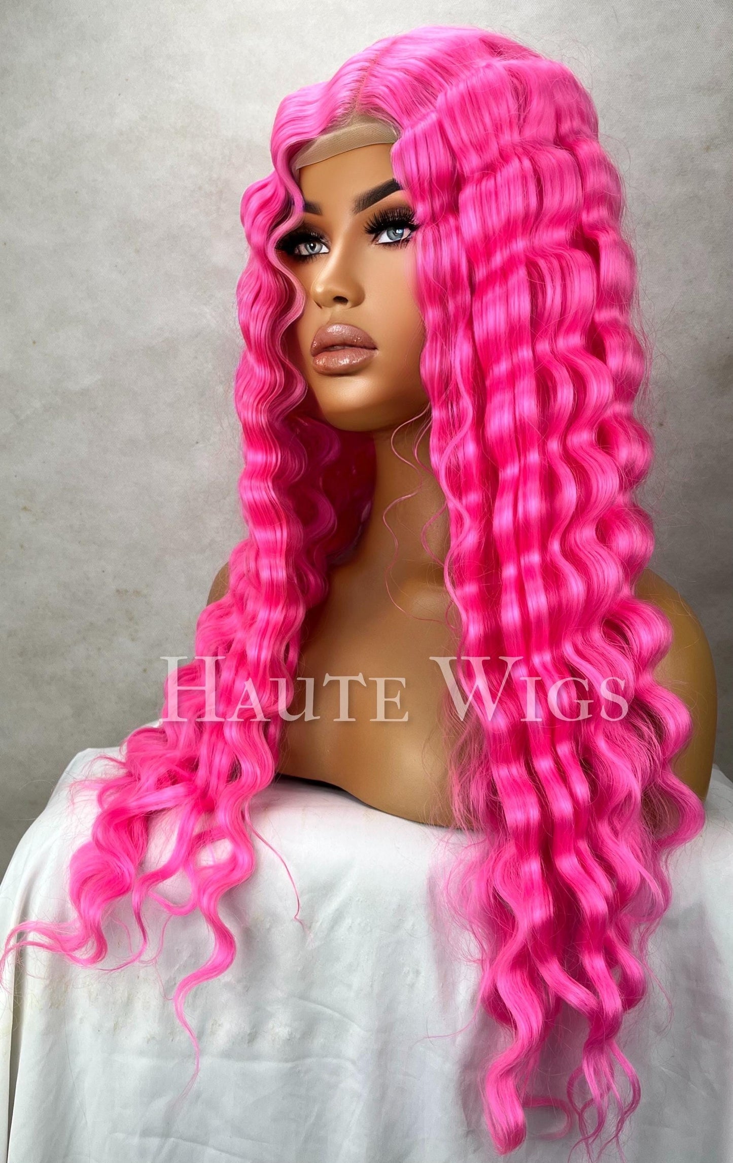 Shocking - 26 inch Neon Pink Wavy Lace Front Wig vegan water waves curles