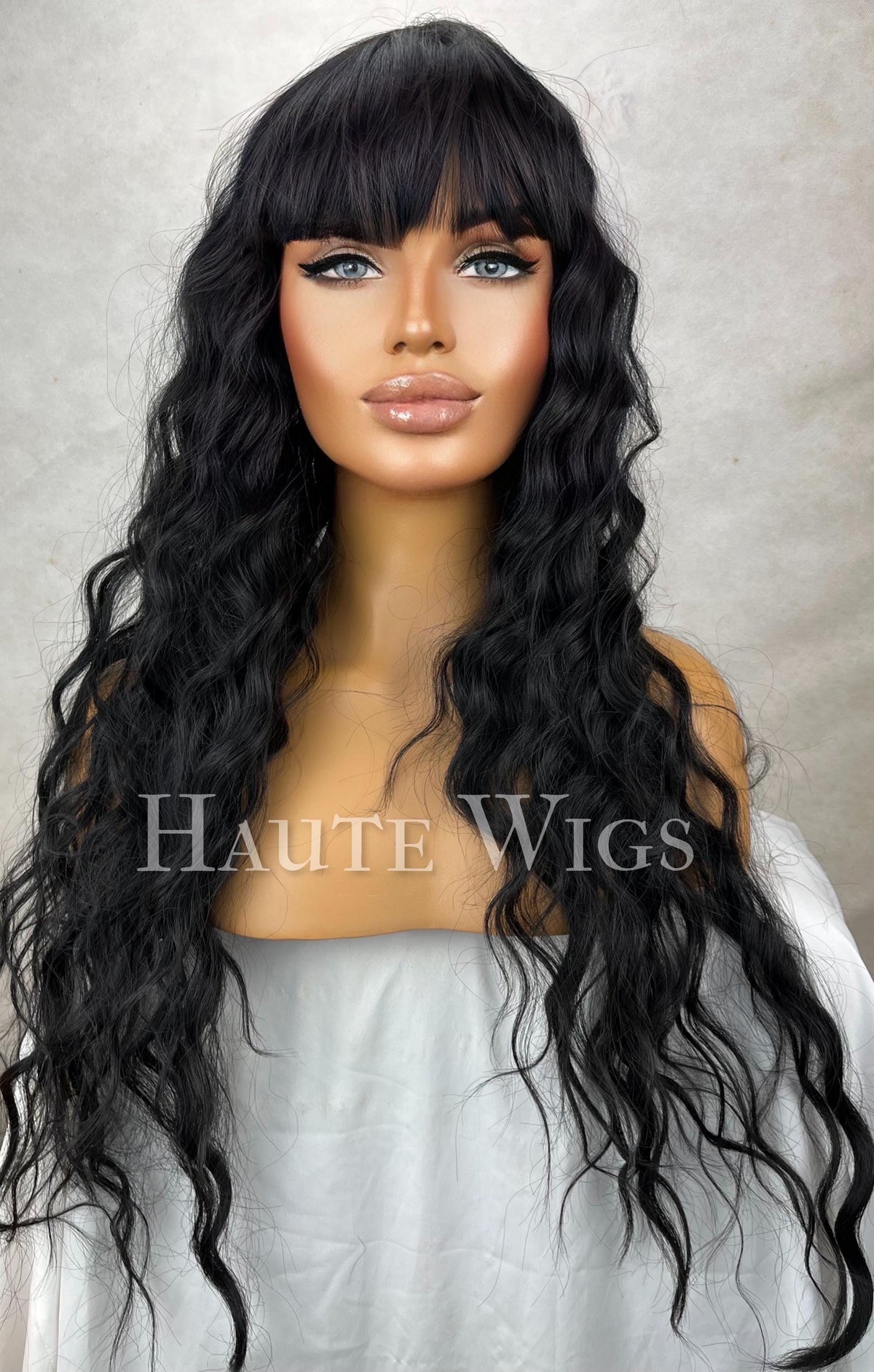 26 Inch Jet Black Water Waves Wig with bangs curly and wavy everyday wig