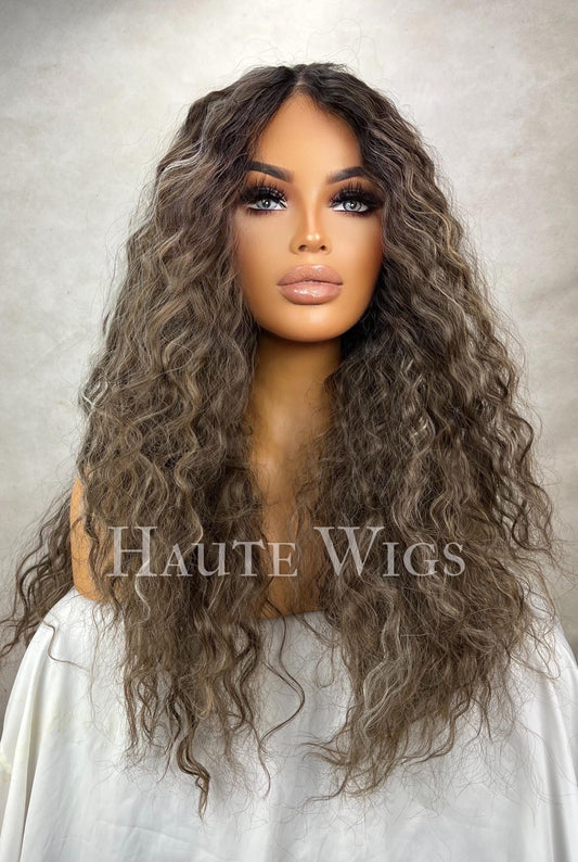 Diva - Free Part - 26" Brunette Wig: Blonde Highlights, Lace Front, Human Hair Blend