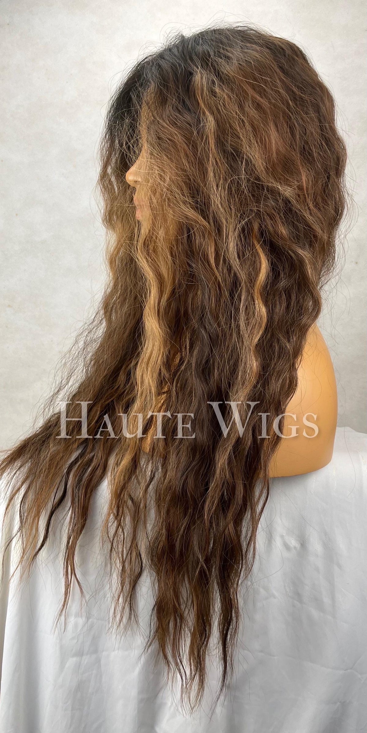 Indulge -  Free part 6x4 Brown highlights Ombre Wavy Curly Wig: Dark Roots HD Lace Front vegan friendly streaks golden everyday