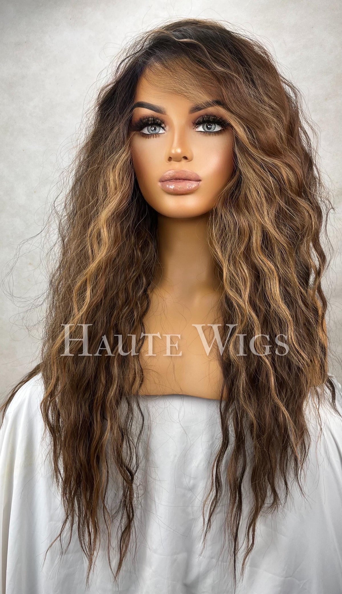 Indulge -  Free part 6x4 Brown highlights Ombre Wavy Curly Wig: Dark Roots HD Lace Front vegan friendly streaks golden everyday
