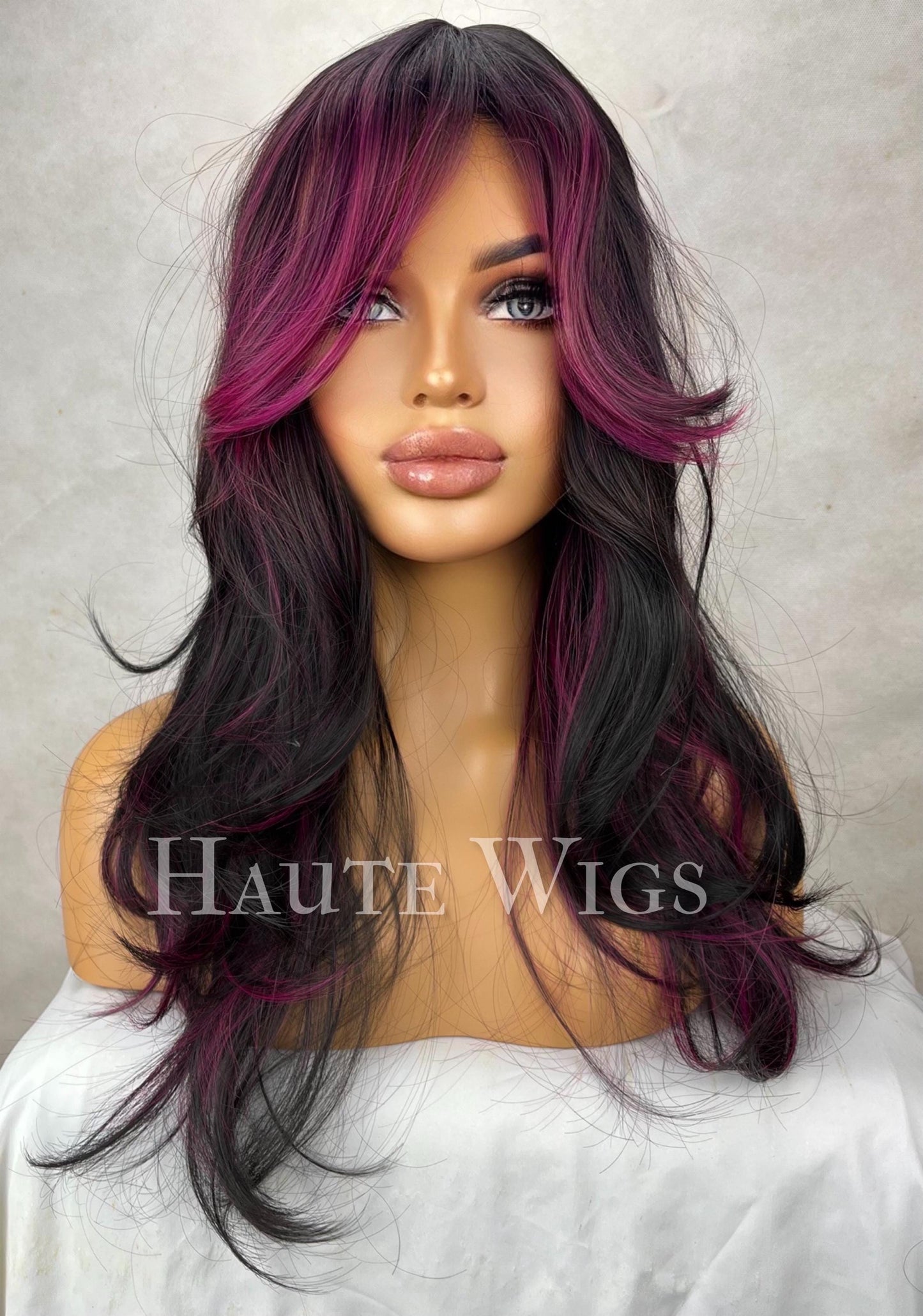 Gigi - 20 Inch Black & fuchsia neon pink highlights streaks Wig Long Straight Layered Womens Wig Haute wigs Role Play Emo hair