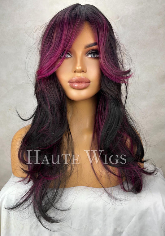 Gigi - 20 Inch Black & fuchsia neon pink highlights streaks Wig Long Straight Layered Womens Wig Haute wigs Role Play Emo hair