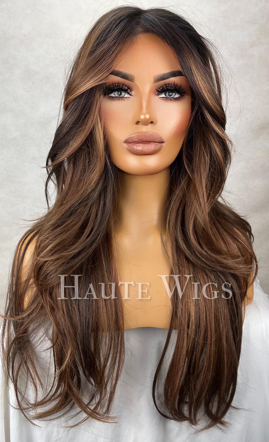 Monaco - Free part wide 26 Inch Brown Wig: Human Hair Blend, Lace Front, golden bronze Highlights