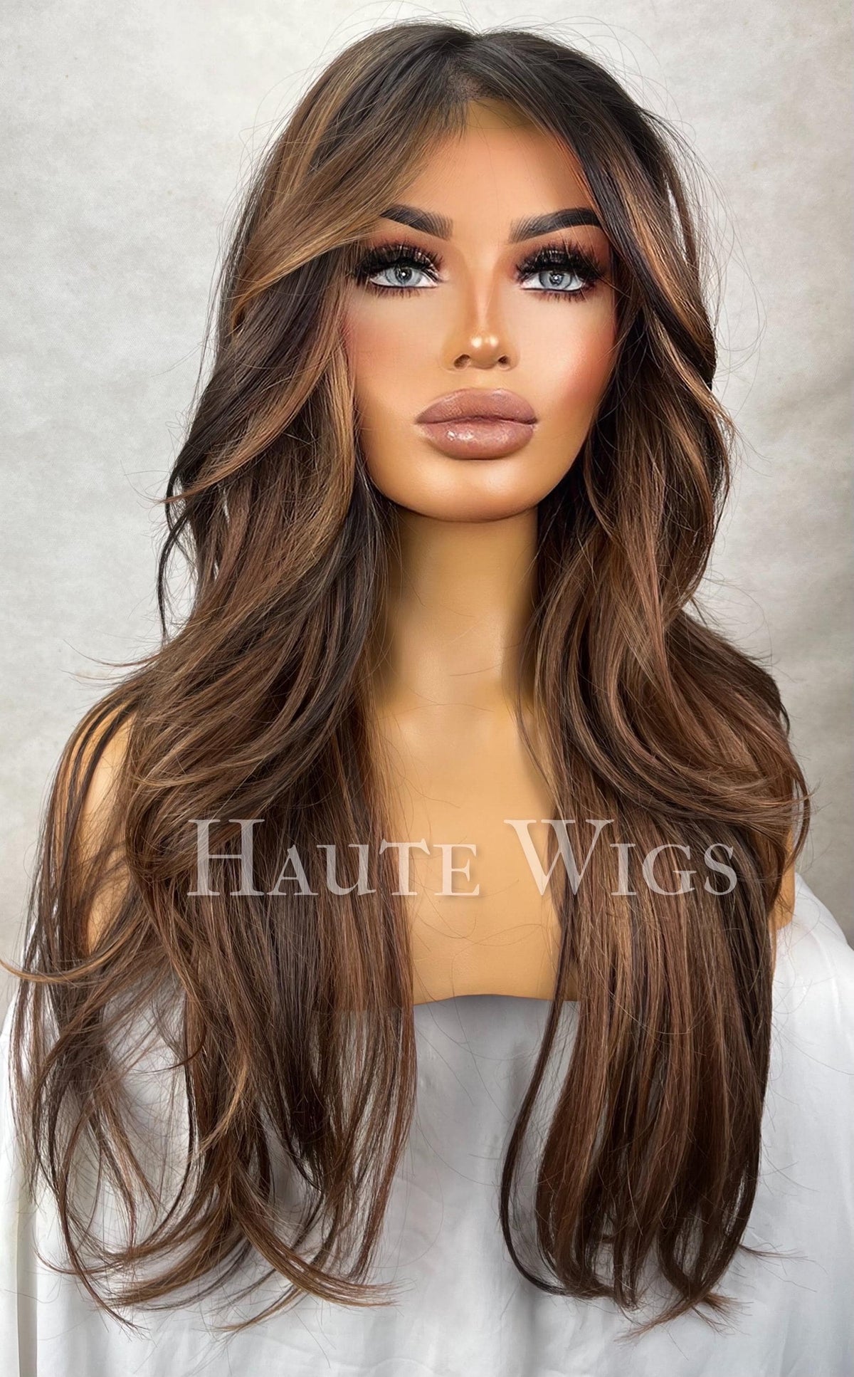 Monaco - Free part wide 26 Inch Brown Wig: Human Hair Blend, Lace Front, golden bronze Highlights