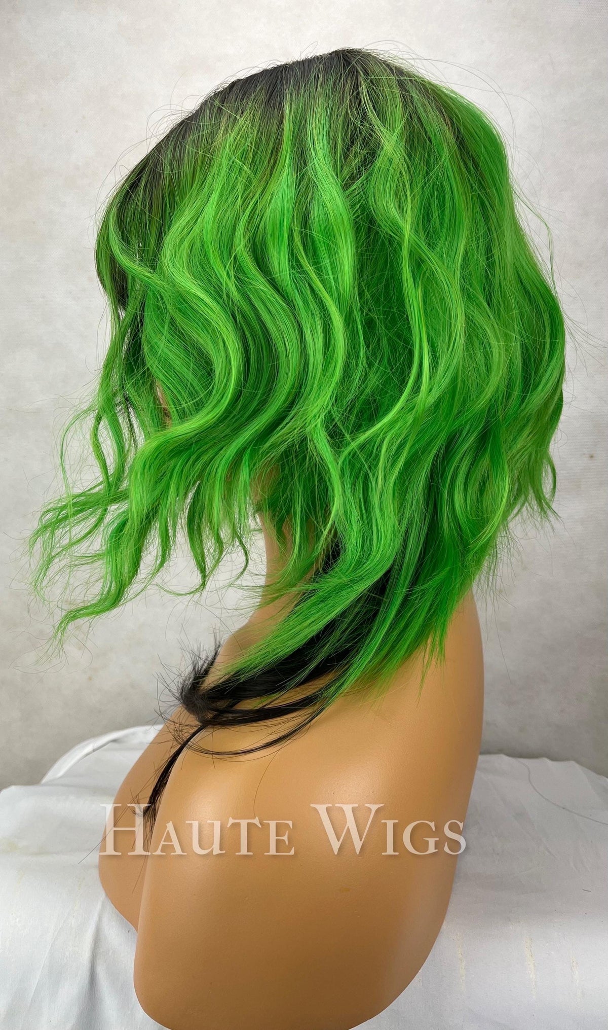 Black and Green 16" Ombre Wig: short Neon Green, vegan with bangs NO Lace Front celebrity inspo