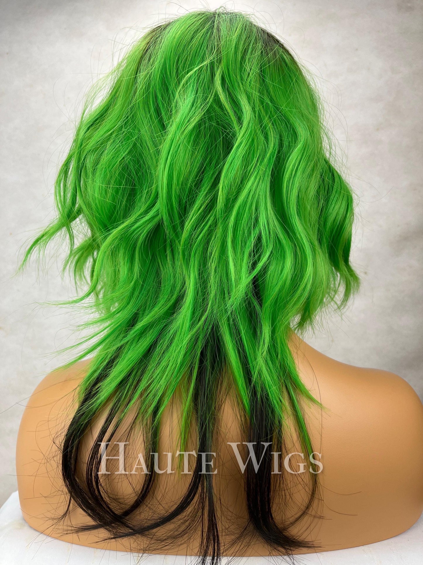 Black and Green 16" Ombre Wig: short Neon Green, vegan with bangs NO Lace Front celebrity inspo