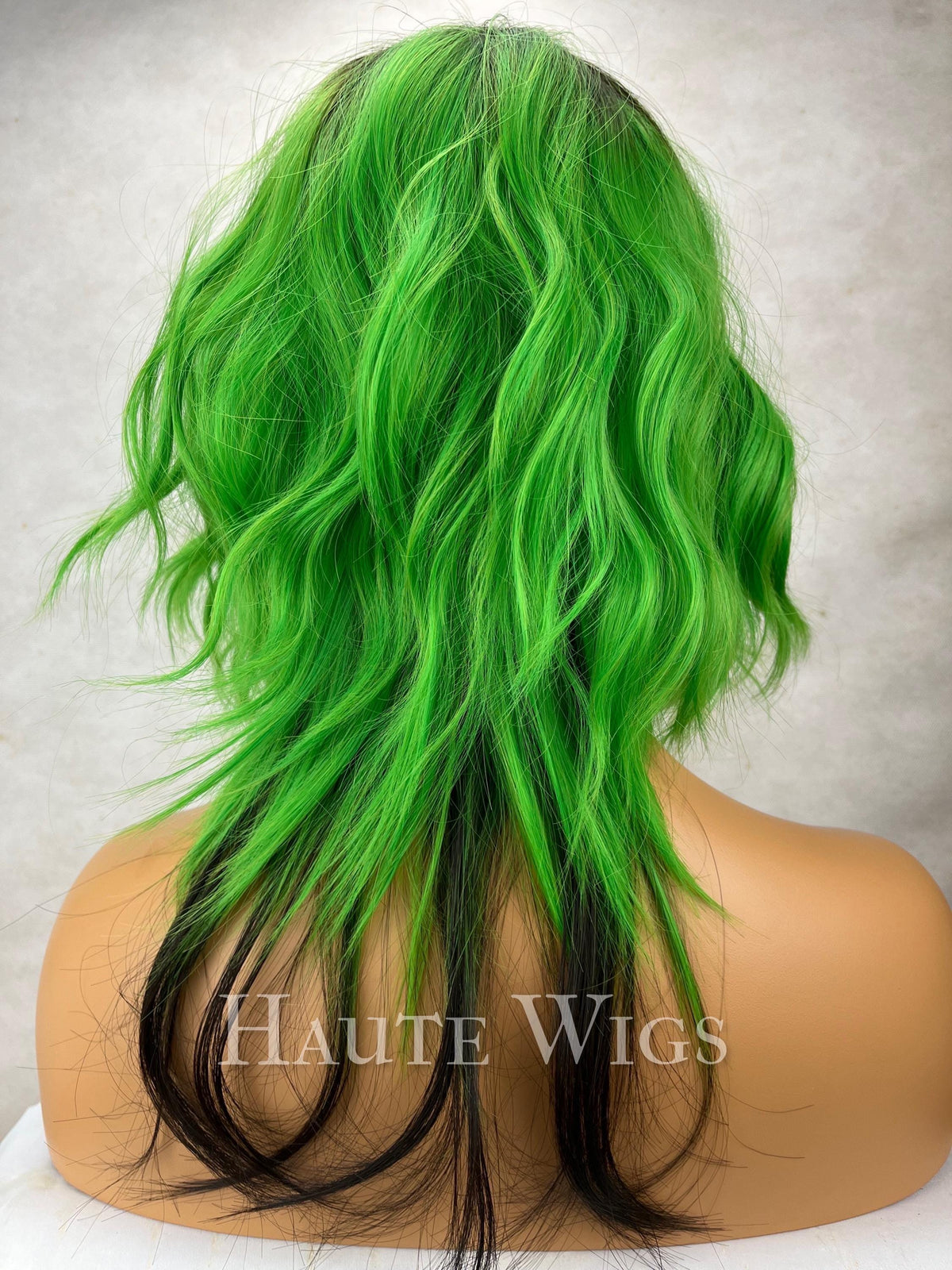 Black and Green 16" Ombre Wig: short Neon Green, vegan with bangs NO Lace Front celebrity inspo