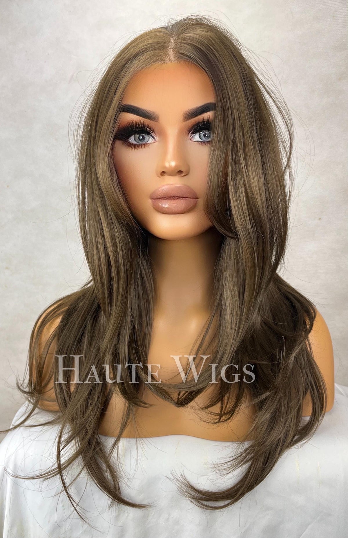 Boadicea - Free part 22 Inch medium Brown layered Wig: Human Hair Blend, large Lace Front haute wigs