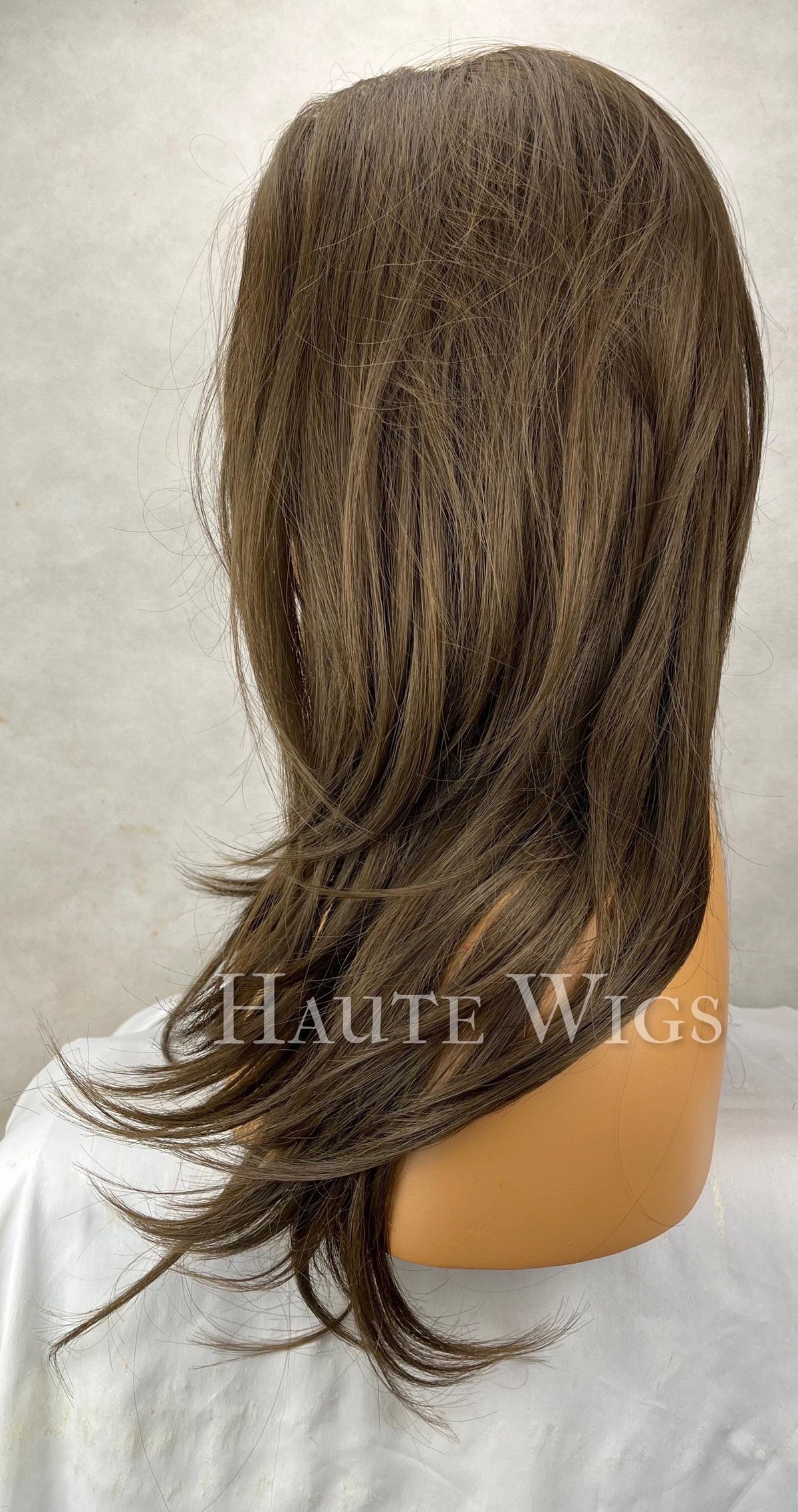 Boadicea - Free part 22 Inch medium Brown layered Wig: Human Hair Blend, large Lace Front haute wigs