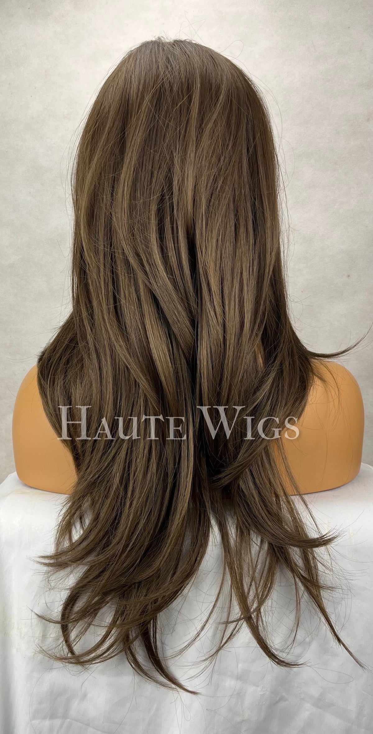 Boadicea - Free part 22 Inch medium Brown layered Wig: Human Hair Blend, large Lace Front haute wigs