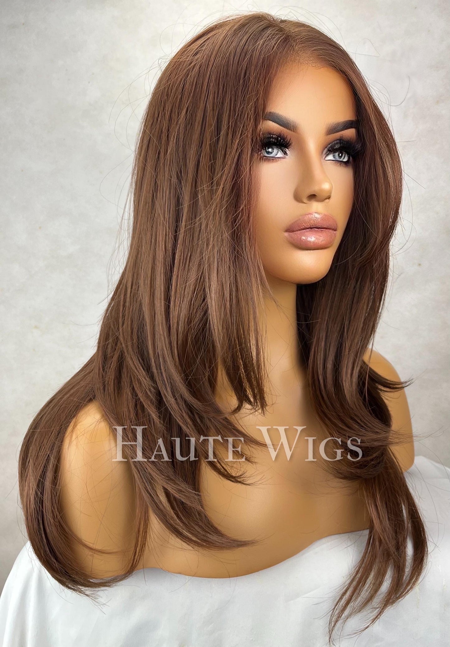 Free part 22 Inch red tone Brown Wig: Human Hair Blend, Lace Front, No highlights