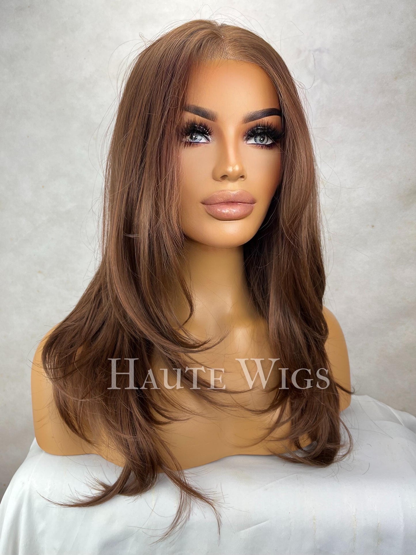 Free part 22 Inch red tone Brown Wig: Human Hair Blend, Lace Front, No highlights