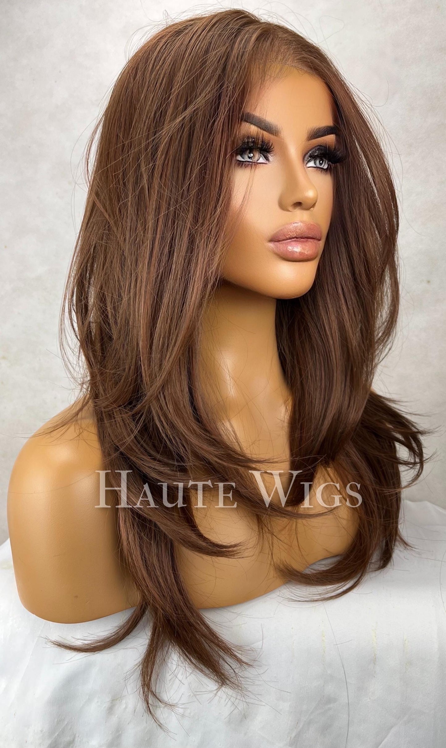 Free part 22 Inch red tone Brown Wig: Human Hair Blend, Lace Front, No highlights