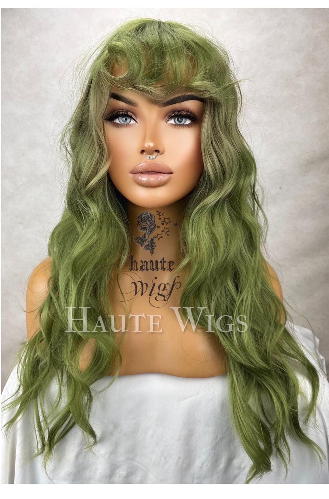 Envy - Moss Medium Green Hair Wig 20 Inch Long Wavy with bangs fringe Womens Ladies Everyday Gift for her haute wigs role play