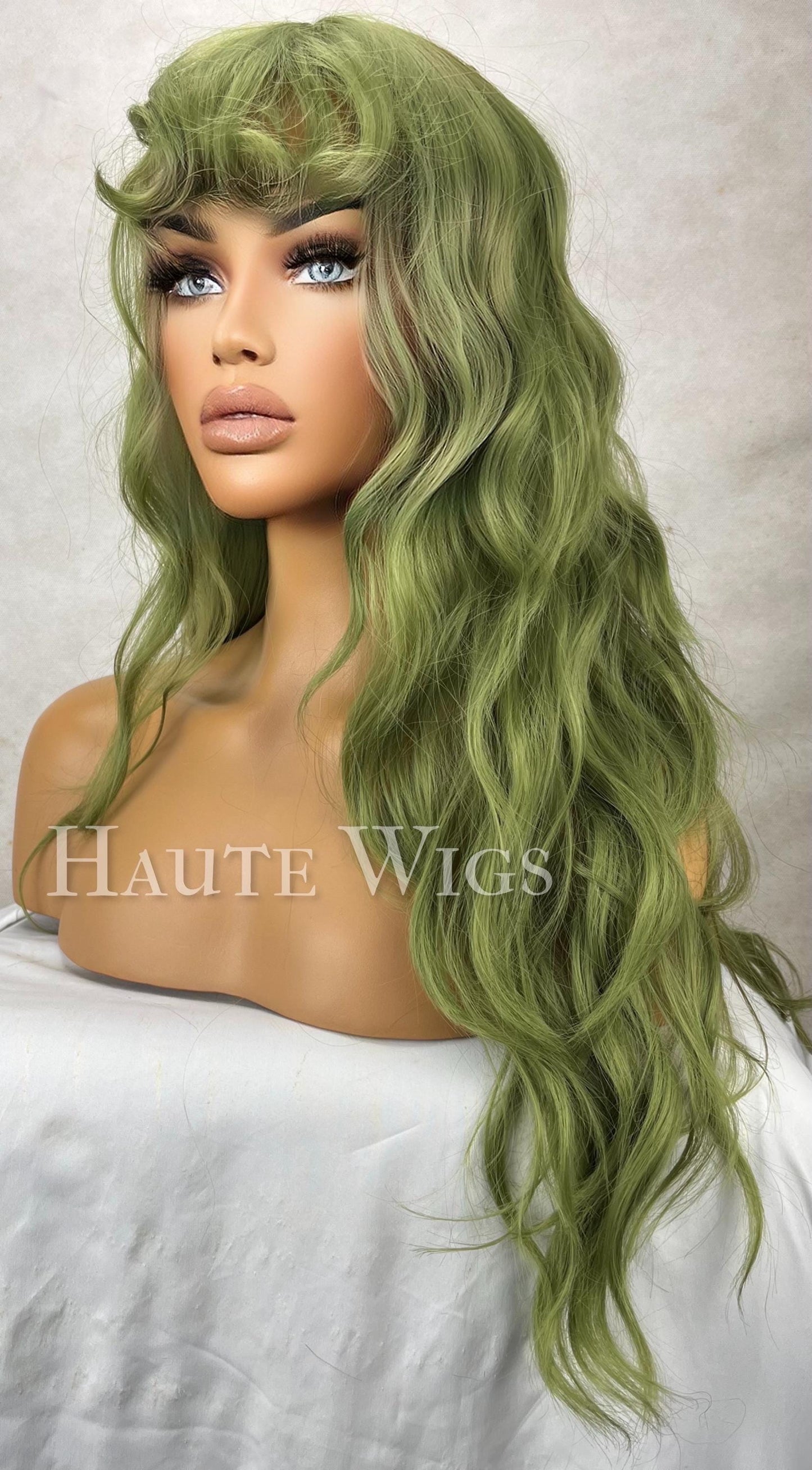 Envy - Moss Medium Green Hair Wig 20 Inch Long Wavy with bangs fringe Womens Ladies Everyday Gift for her haute wigs role play