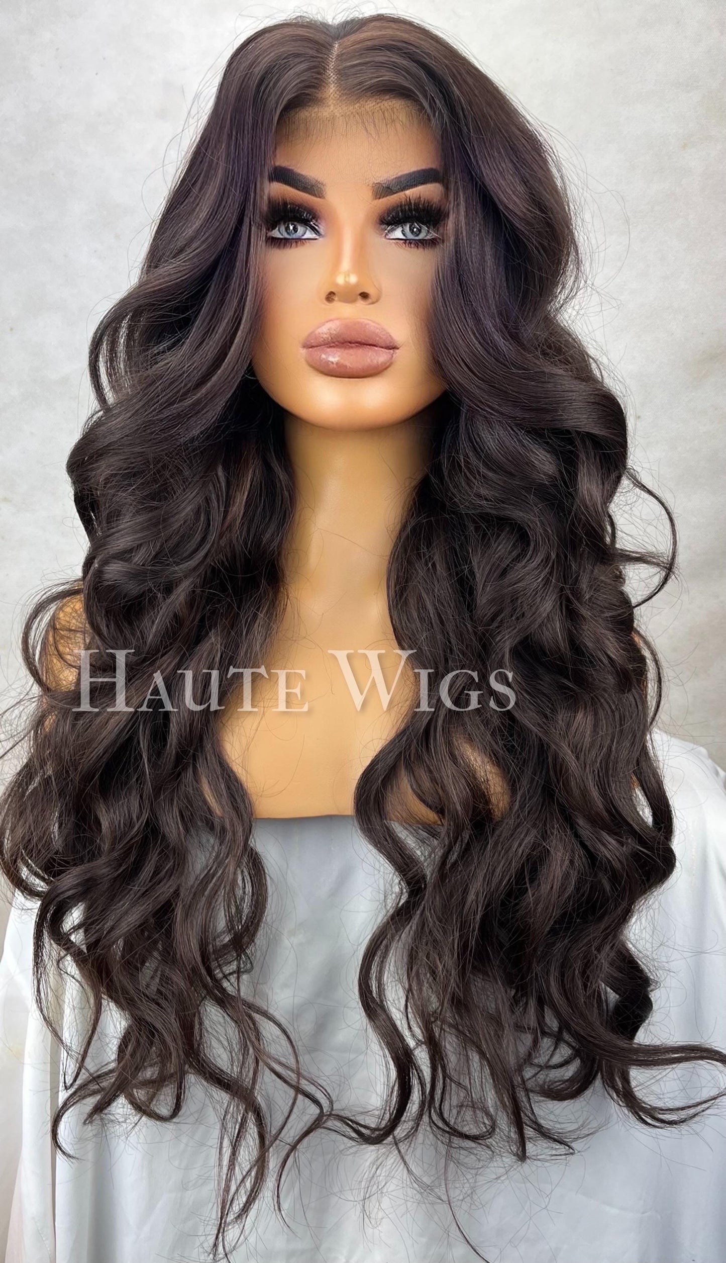 26 inch Long wavy curly Brown Wig: Golden Highlights, T-Part Lace Front, super long