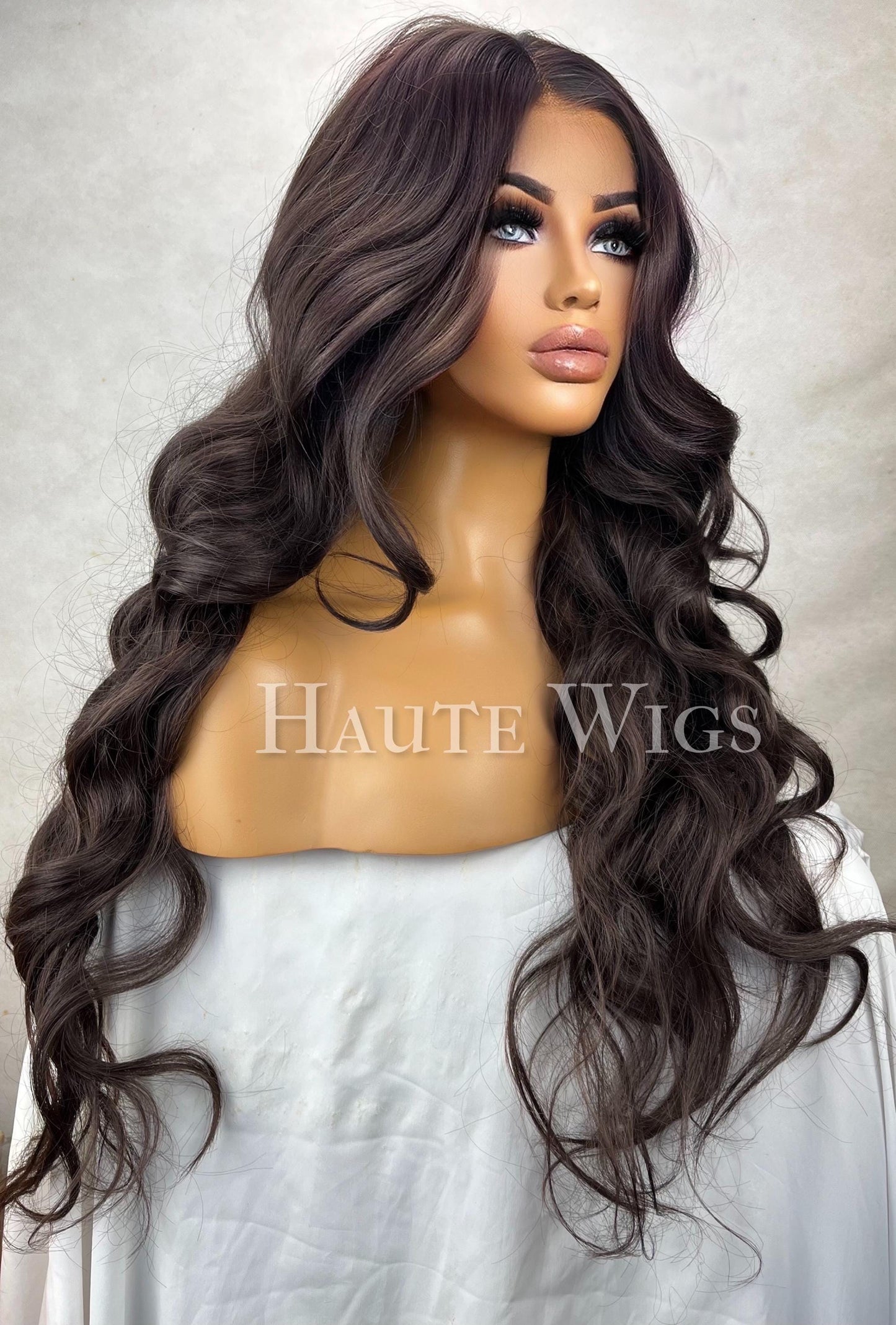26 inch Long wavy curly Brown Wig: Golden Highlights, T-Part Lace Front, super long