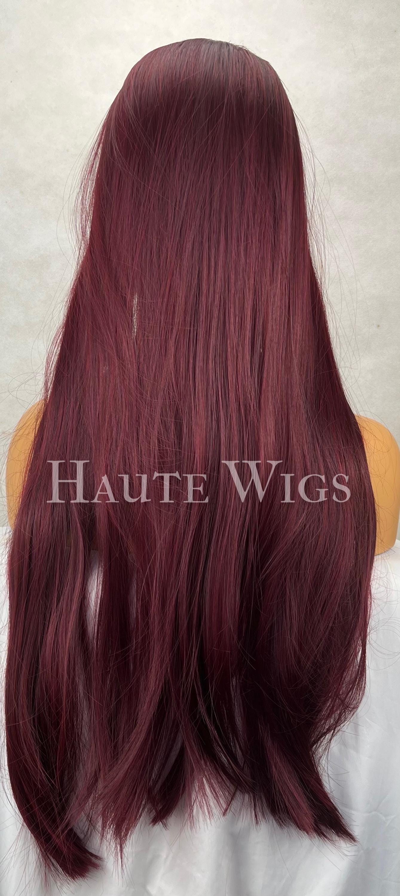 Straight Dark Cherry 24 Inch Deep Red maroon burgundy wig Long Bangs and Fringe Womens Wig Fully Synthetic No Lace Front Soft Hair Realistic