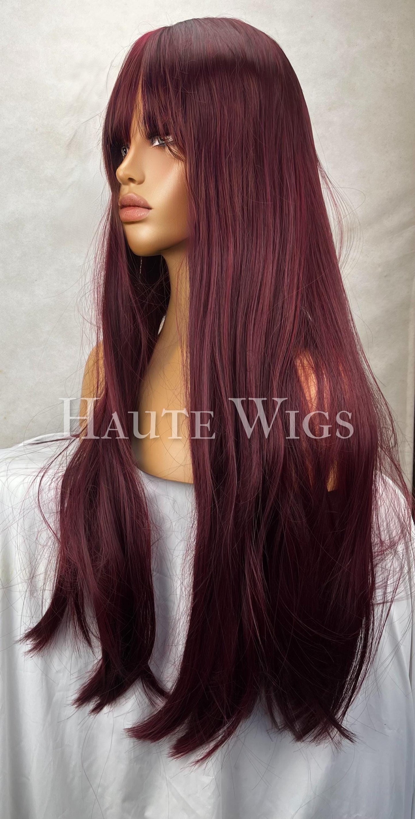 Straight Dark Cherry 24 Inch Deep Red maroon burgundy wig Long Bangs and Fringe Womens Wig Fully Synthetic No Lace Front Soft Hair Realistic