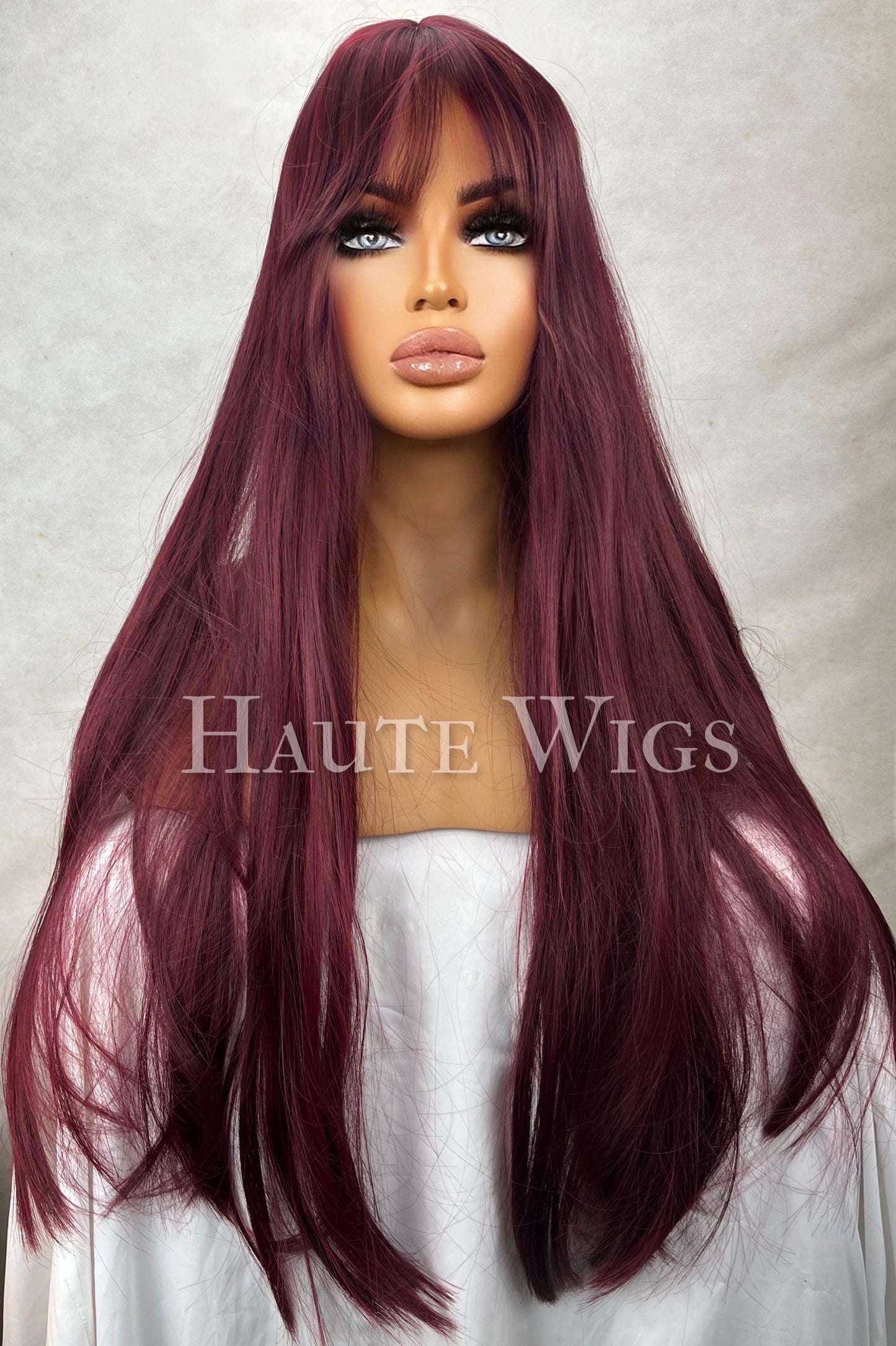 Straight Dark Cherry 24 Inch Deep Red maroon burgundy wig Long Bangs and Fringe Womens Wig Fully Synthetic No Lace Front Soft Hair Realistic