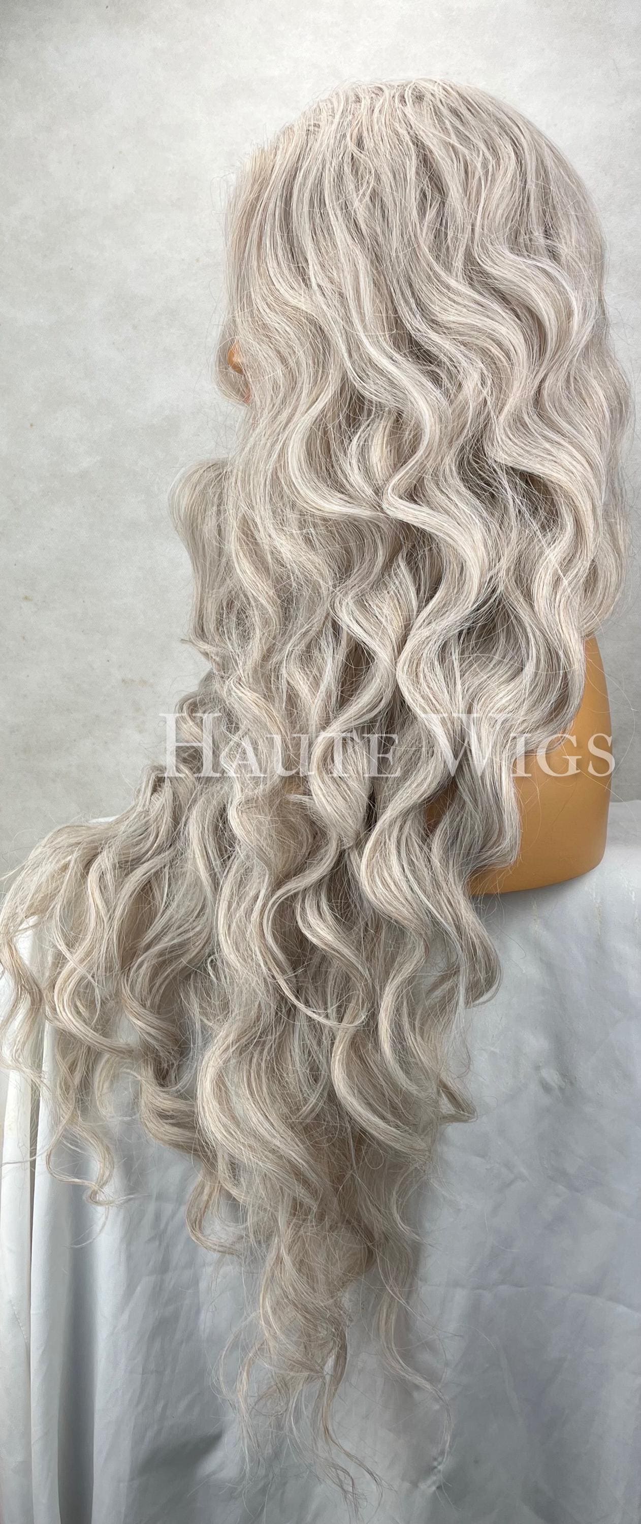 38" Wavy Platinum Ash Blonde white silver Wig: Lace Front Human Hair synthetic  Blend