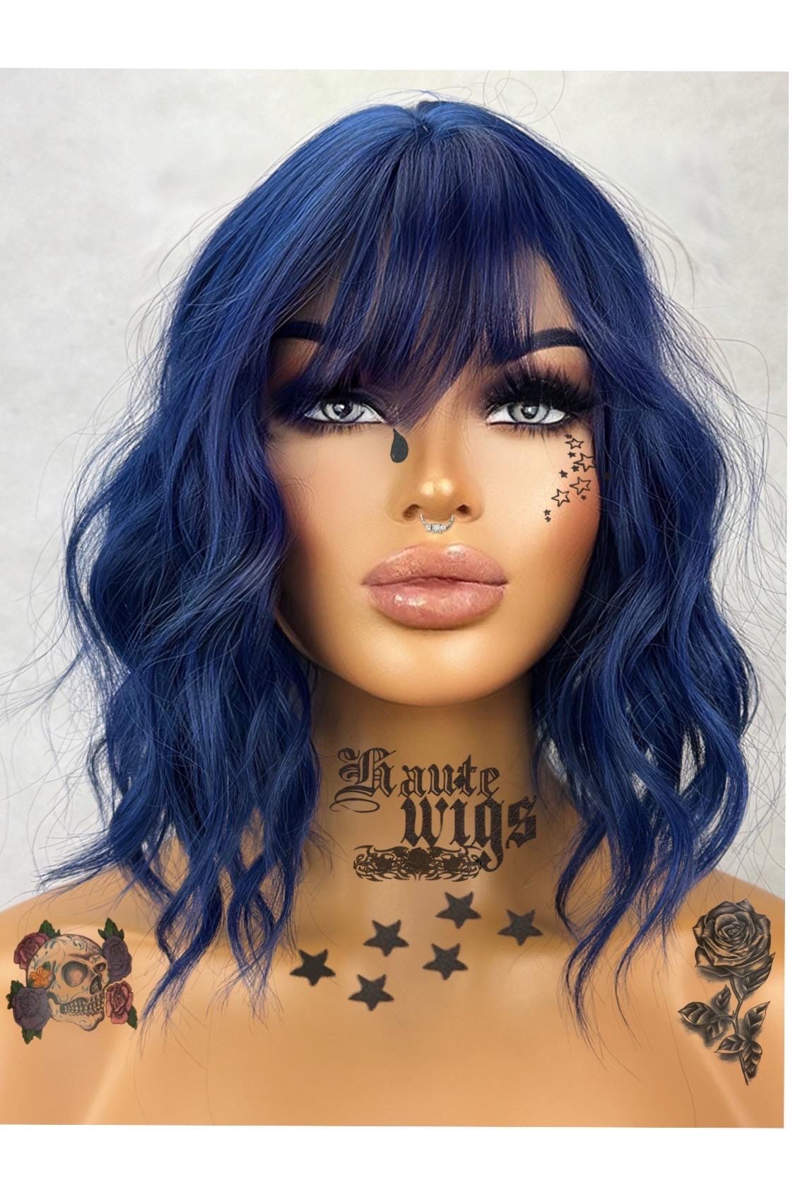 Electric - 14 Inch Dark Navy Blue RARE Bangs Fringe Wig No Lace Front Long Wavy Curly Wigs Ladies Eye Catching