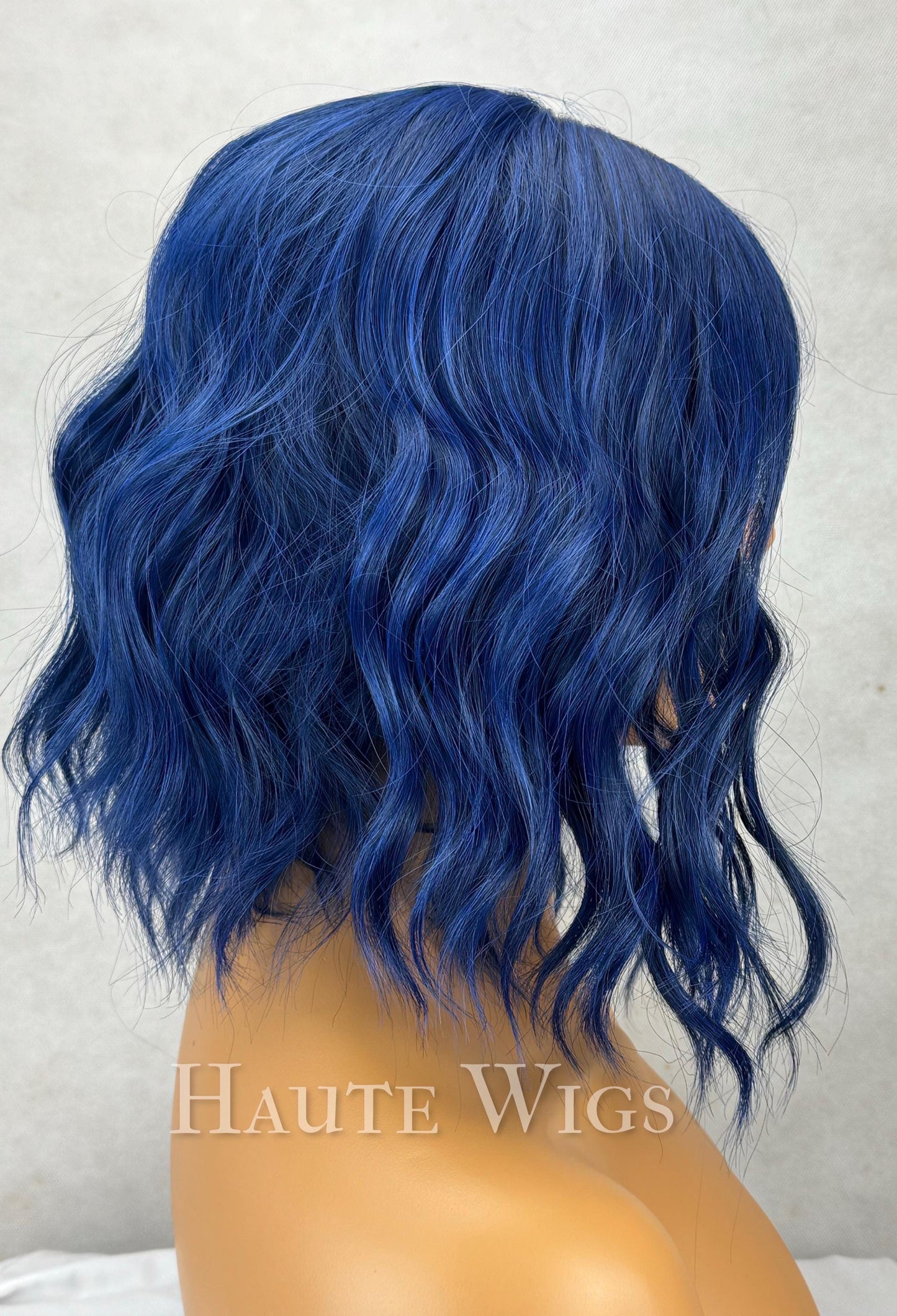 Electric - 14 Inch Dark Navy Blue RARE Bangs Fringe Wig No Lace Front Long Wavy Curly Wigs Ladies Eye Catching