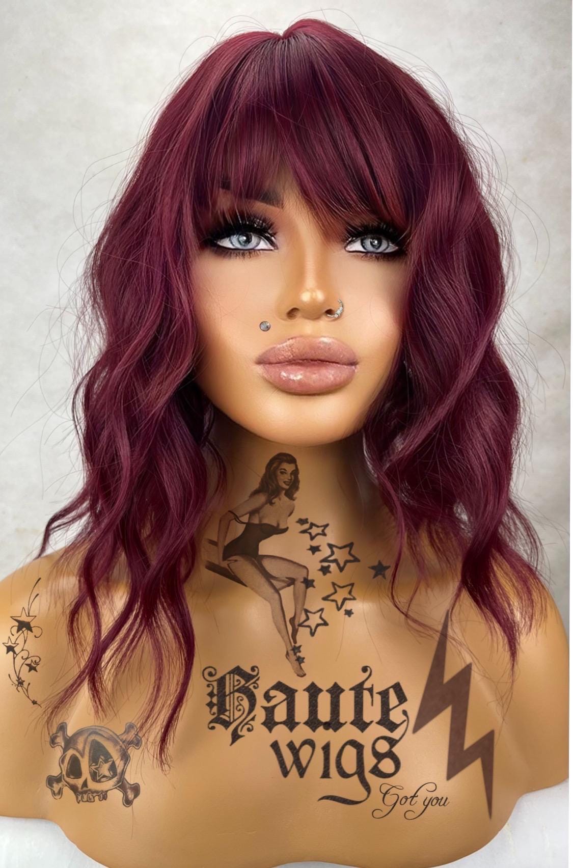 Buff ting - 14 Inch Dark Red Maroon burgundy Bangs Fringe Wig No Lace Front Long Wavy Curly Wigs Ladies Eye Catching