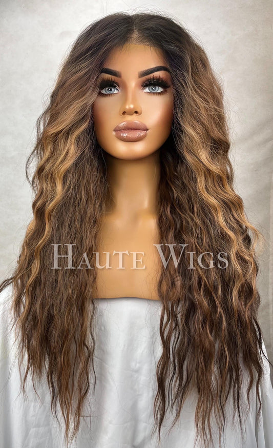 Indulge -  Free part 6x4 Brown highlights Ombre Wavy Curly Wig: Dark Roots HD Lace Front vegan friendly streaks golden everyday