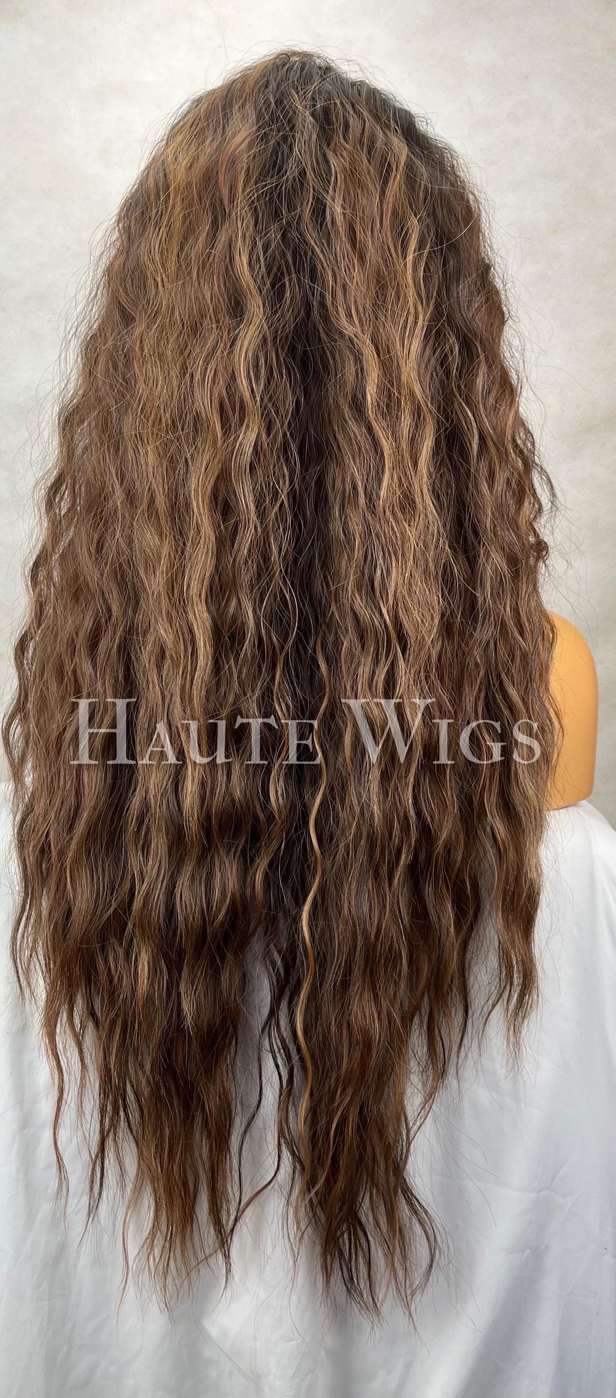 Indulge -  Free part 6x4 Brown highlights Ombre Wavy Curly Wig: Dark Roots HD Lace Front vegan friendly streaks golden everyday