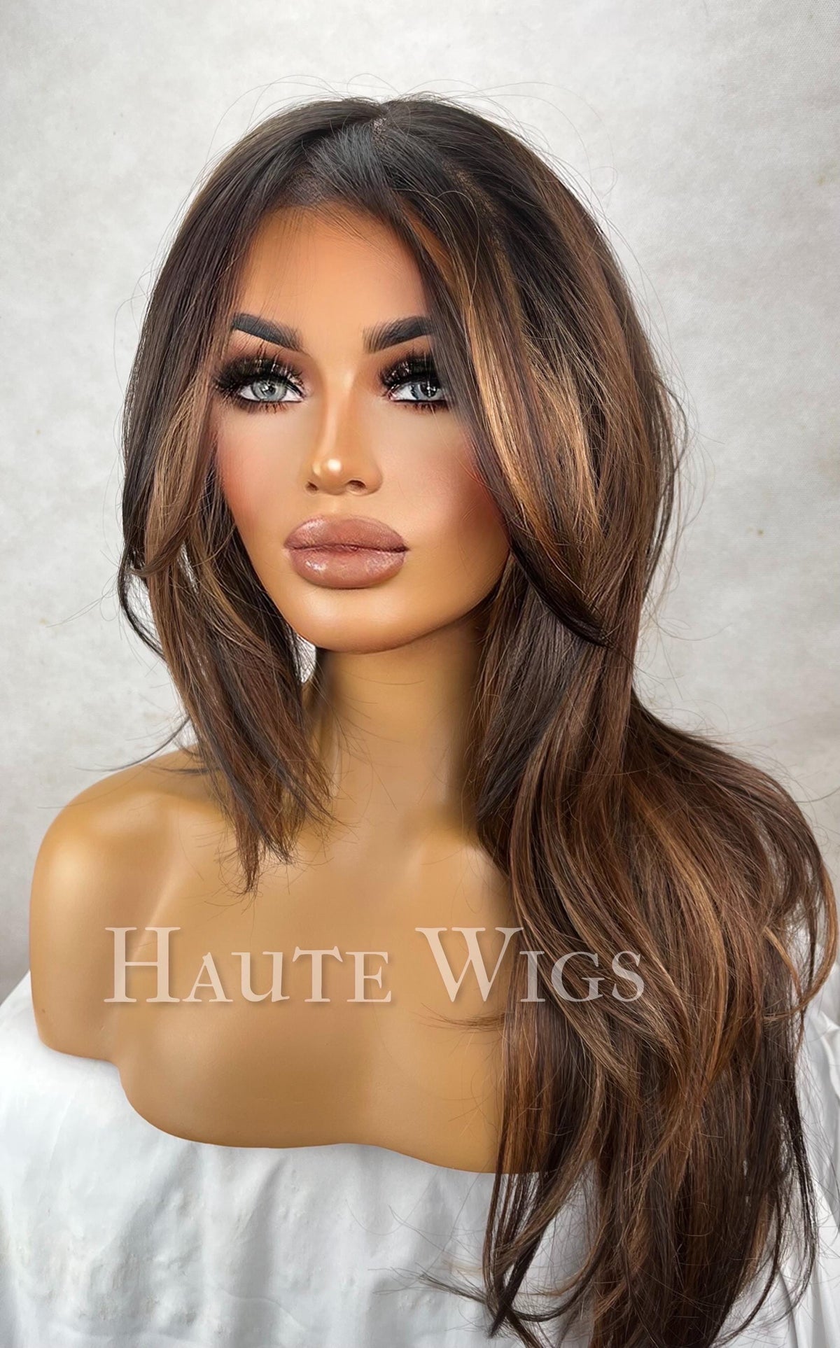 Monaco - Free part wide 26 Inch Brown Wig: Human Hair Blend, Lace Front, golden bronze Highlights