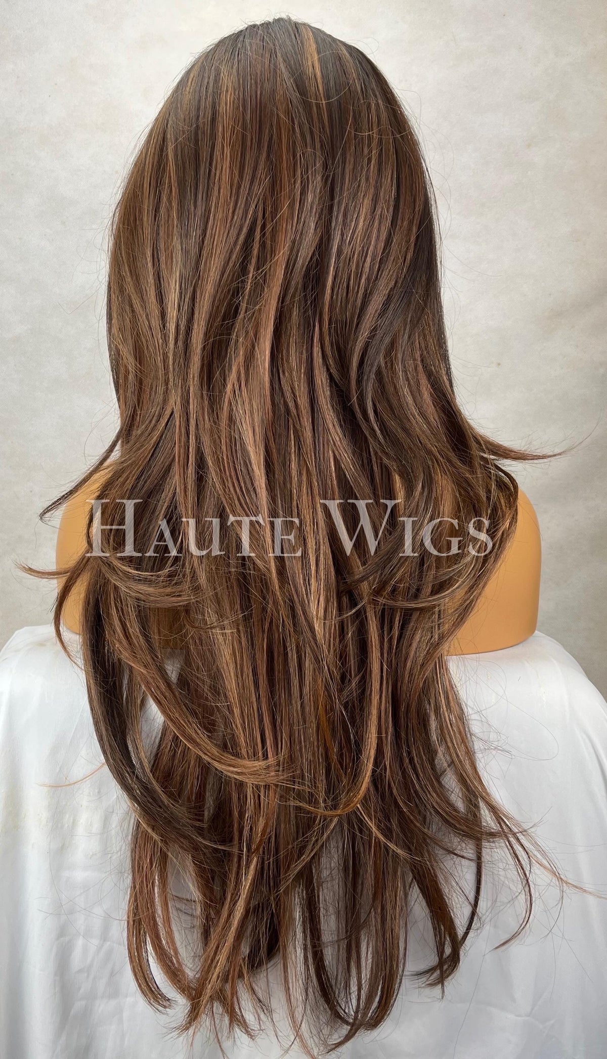 Monaco - Free part wide 26 Inch Brown Wig: Human Hair Blend, Lace Front, golden bronze Highlights
