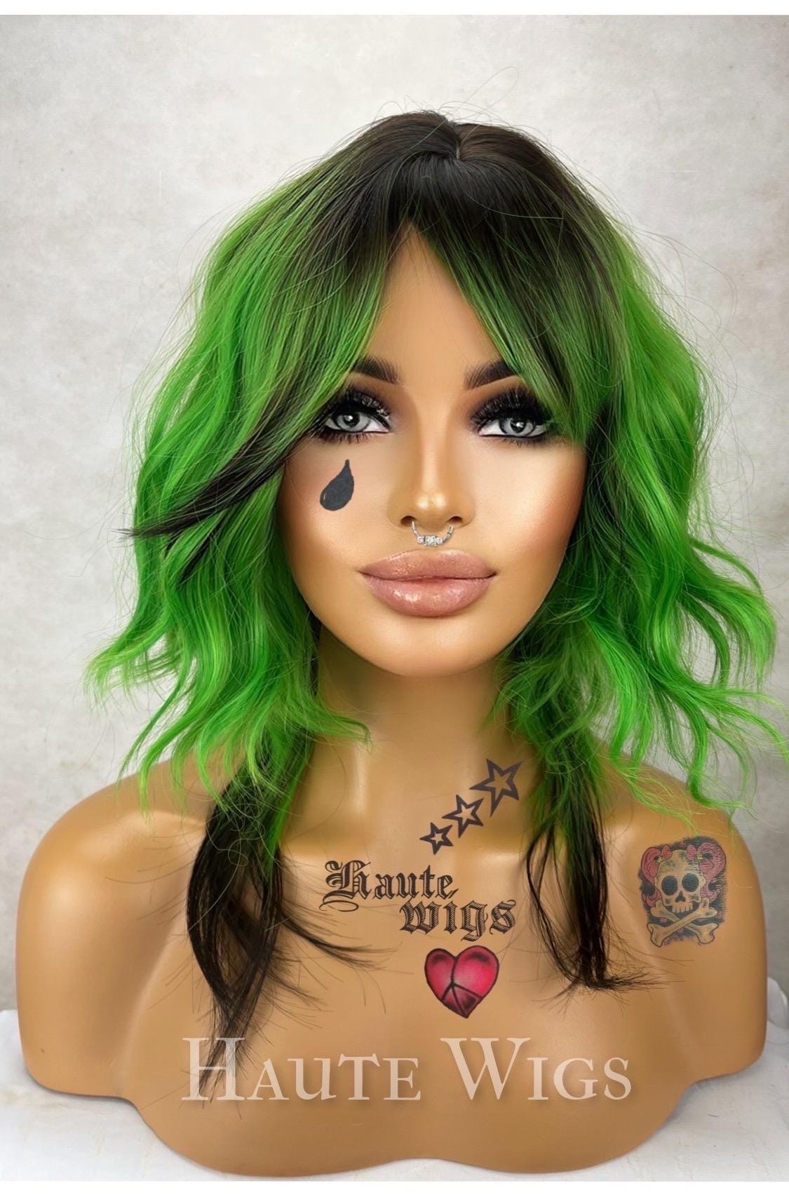 Black and Green 16" Ombre Wig: short Neon Green, vegan with bangs NO Lace Front celebrity inspo