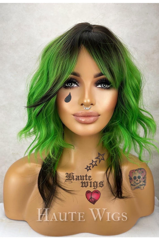 Black and Green 16" Ombre Wig: short Neon Green, vegan with bangs NO Lace Front celebrity inspo