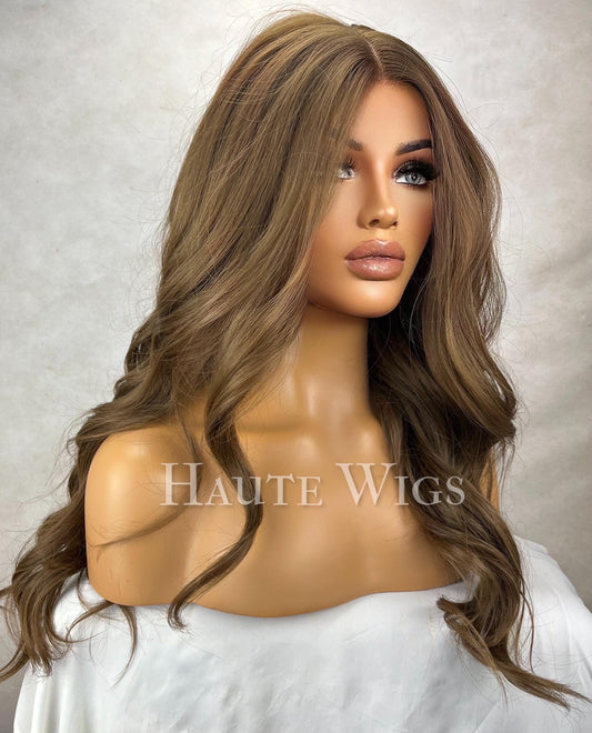 Wavy Natural Look Wig | Brown Large Lace Front Wig |  Human Hair Blend Synthetic Wig | Layered wavy T Part lace