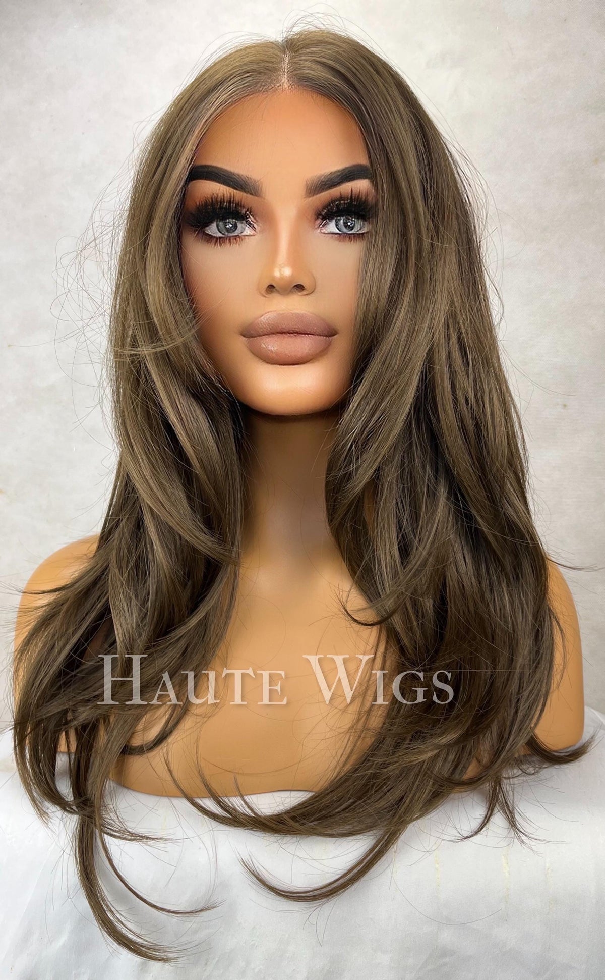 Boadicea - Free part 22 Inch medium Brown layered Wig: Human Hair Blend, large Lace Front haute wigs