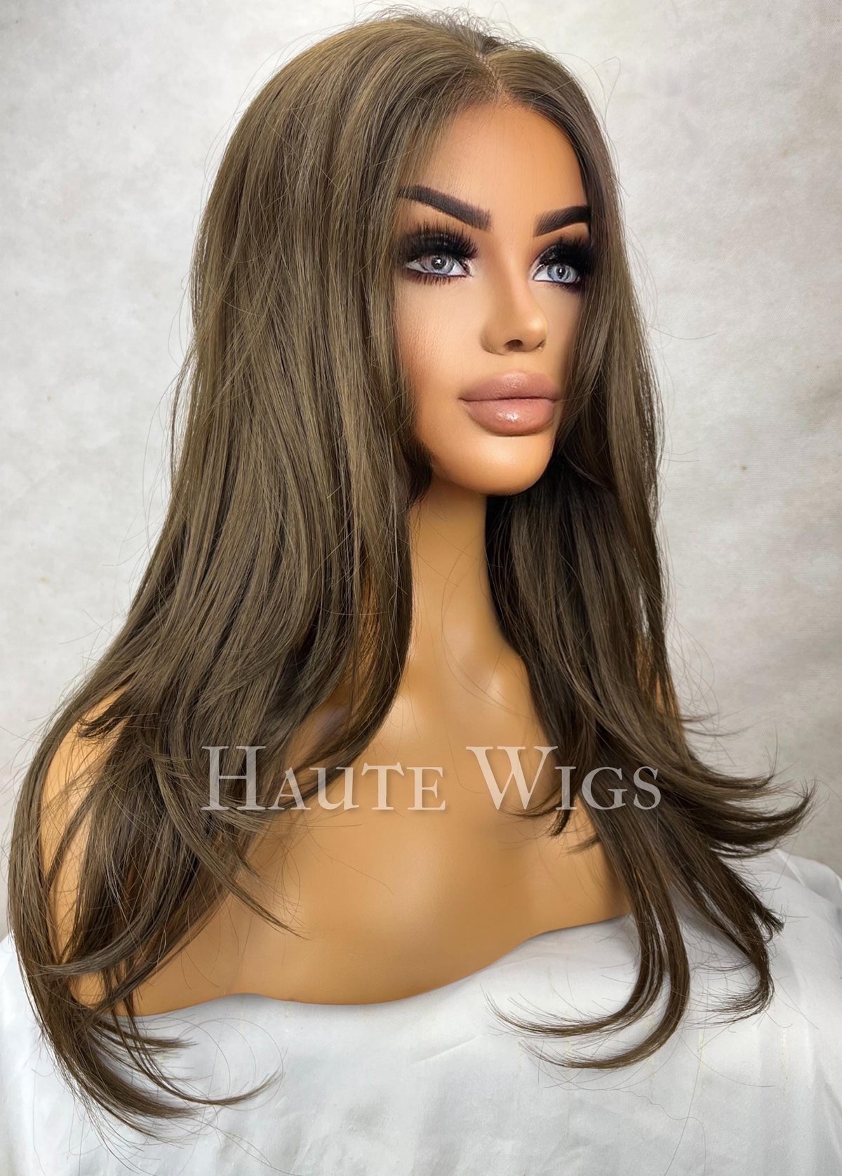 Boadicea - Free part 22 Inch medium Brown layered Wig: Human Hair Blend, large Lace Front haute wigs