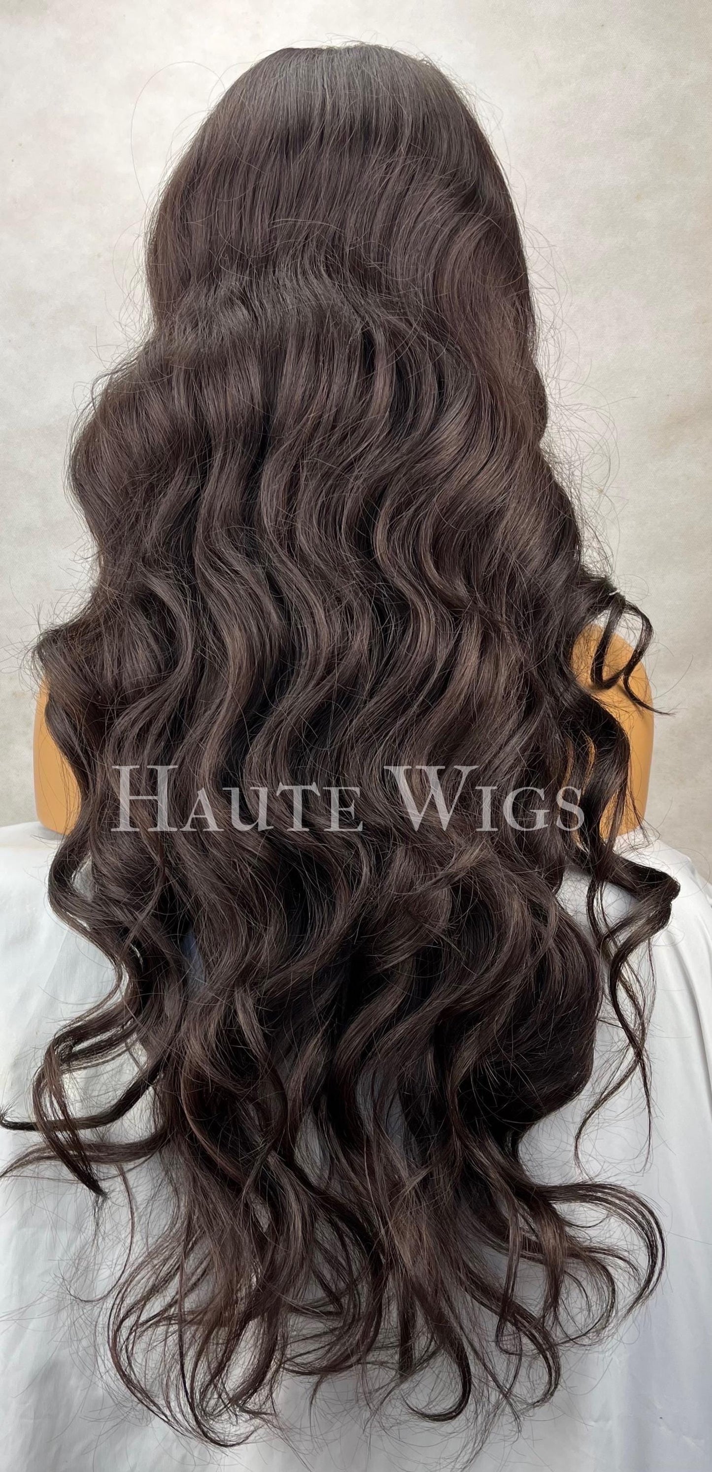 26 inch Long wavy curly Brown Wig: Golden Highlights, T-Part Lace Front, super long