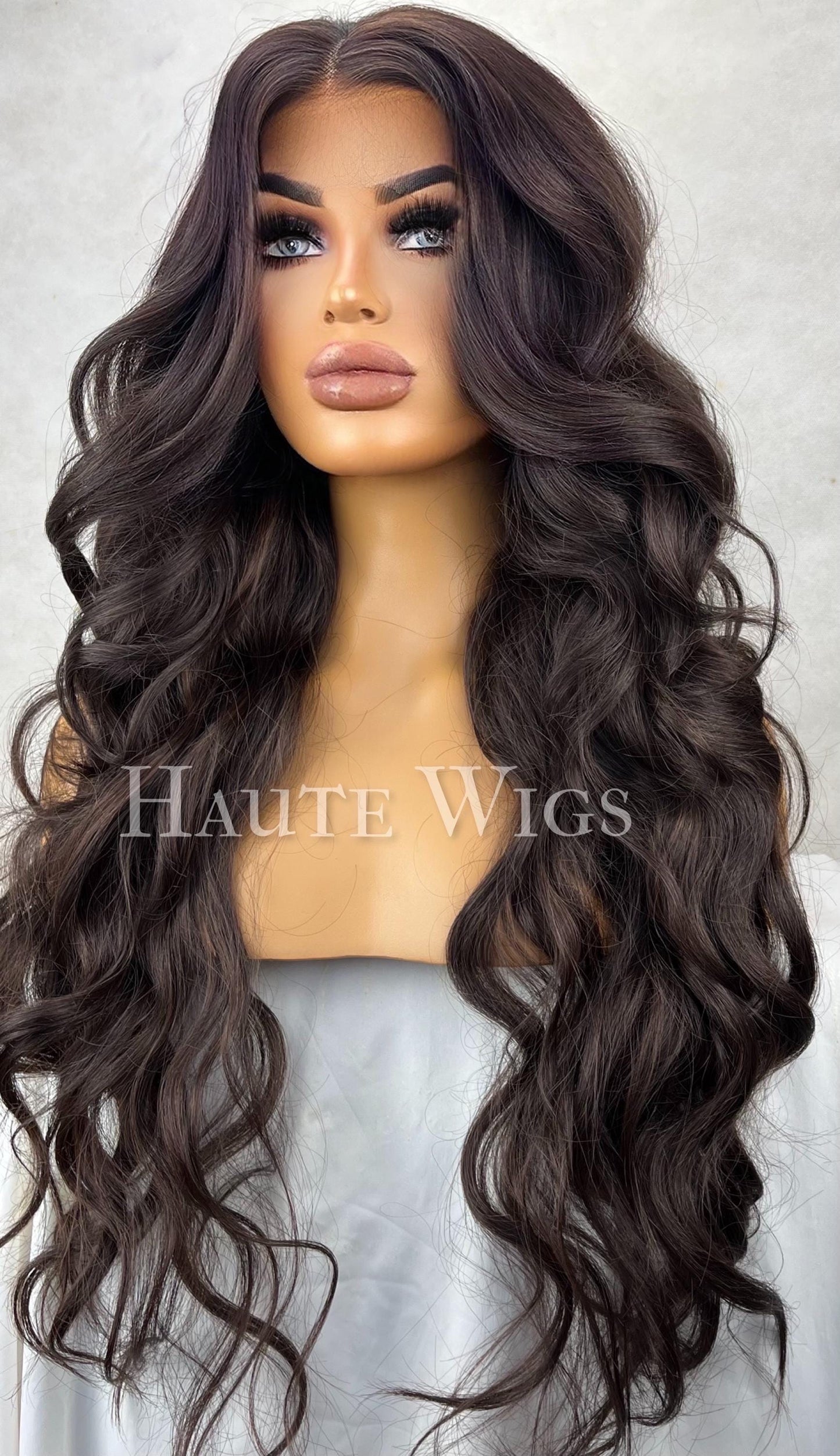 26 inch Long wavy curly Brown Wig: Golden Highlights, T-Part Lace Front, super long