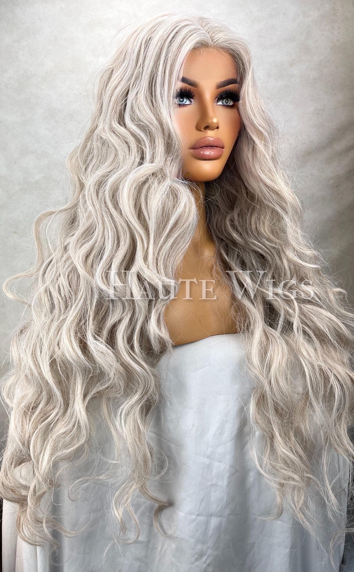 38" Wavy Platinum Ash Blonde white silver Wig: Lace Front Human Hair synthetic  Blend