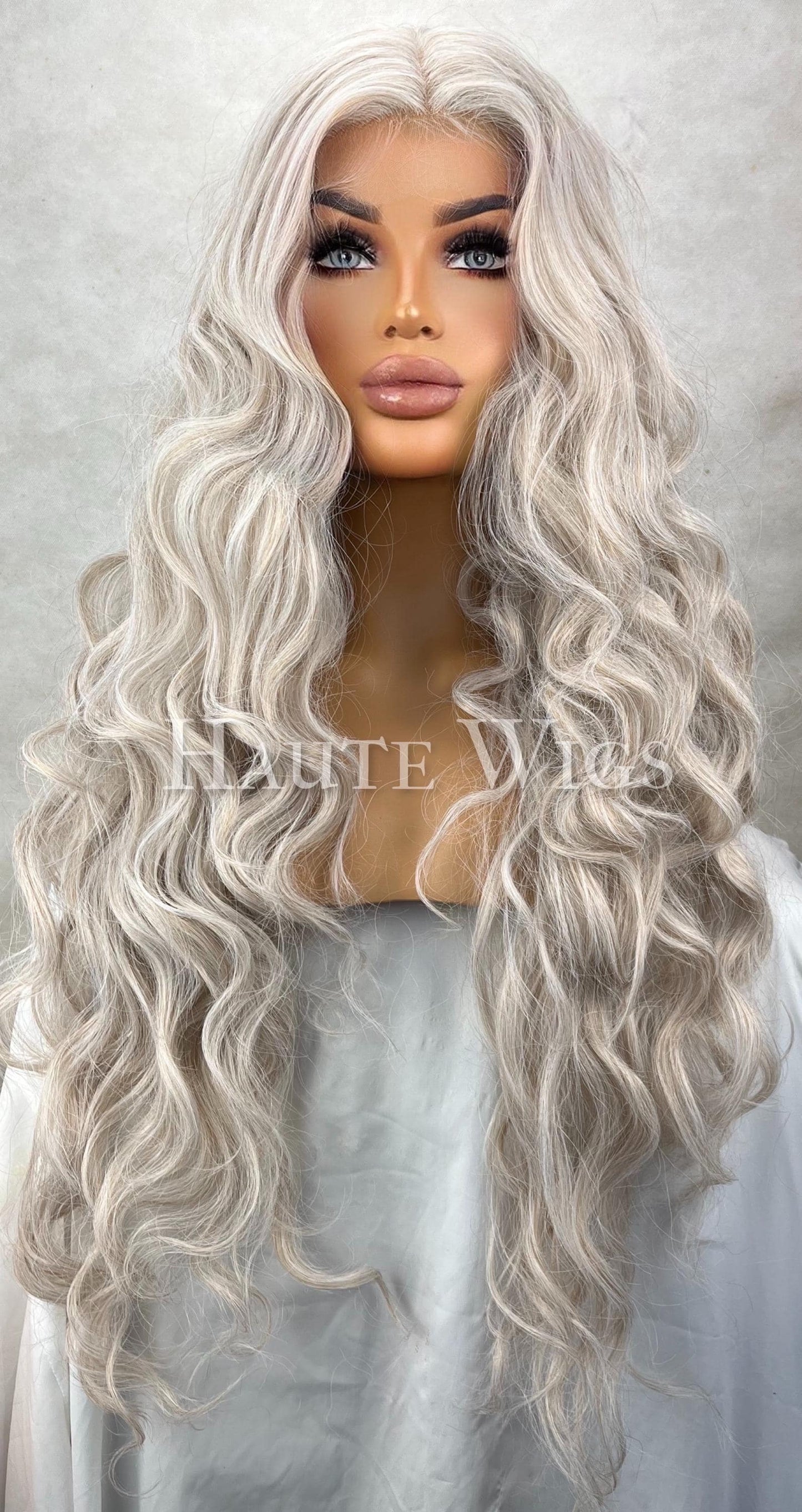 38" Wavy Platinum Ash Blonde white silver Wig: Lace Front Human Hair synthetic  Blend