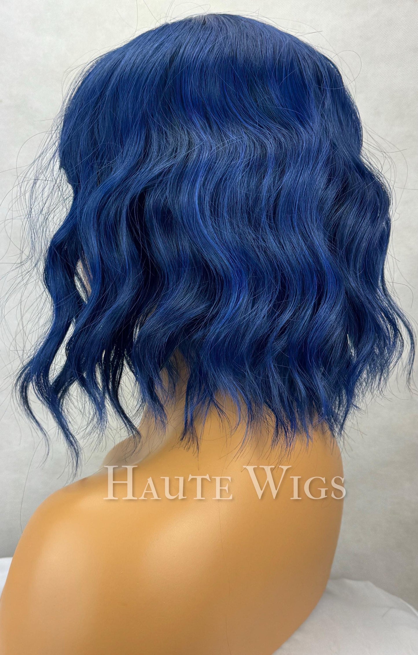 Electric - 14 Inch Dark Navy Blue RARE Bangs Fringe Wig No Lace Front Long Wavy Curly Wigs Ladies Eye Catching