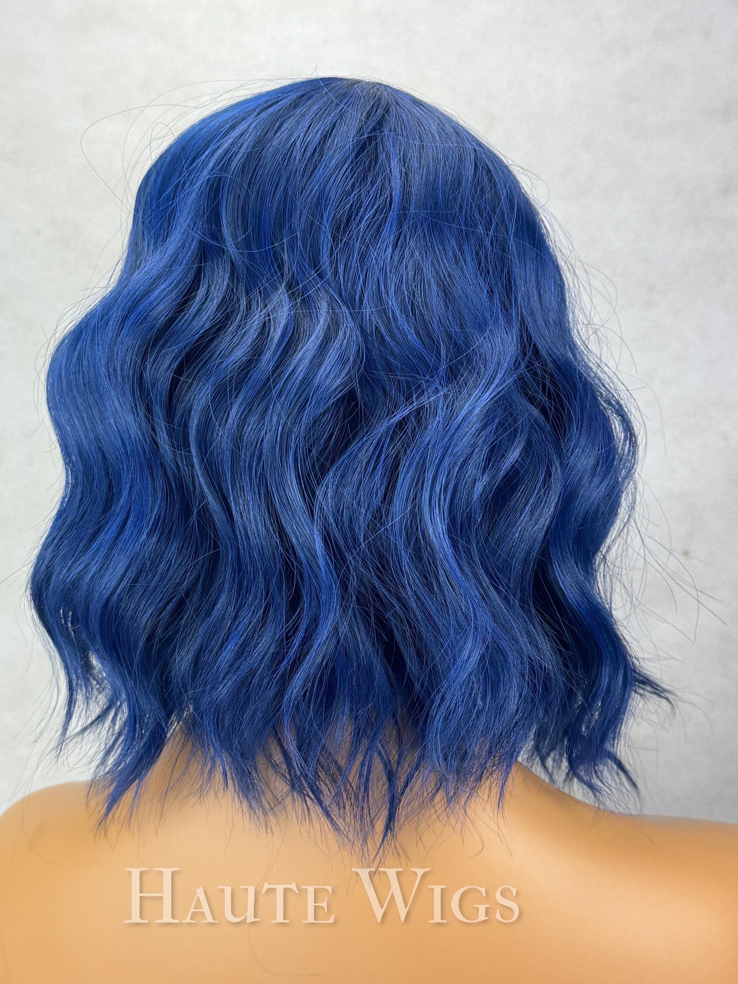 Electric - 14 Inch Dark Navy Blue RARE Bangs Fringe Wig No Lace Front Long Wavy Curly Wigs Ladies Eye Catching