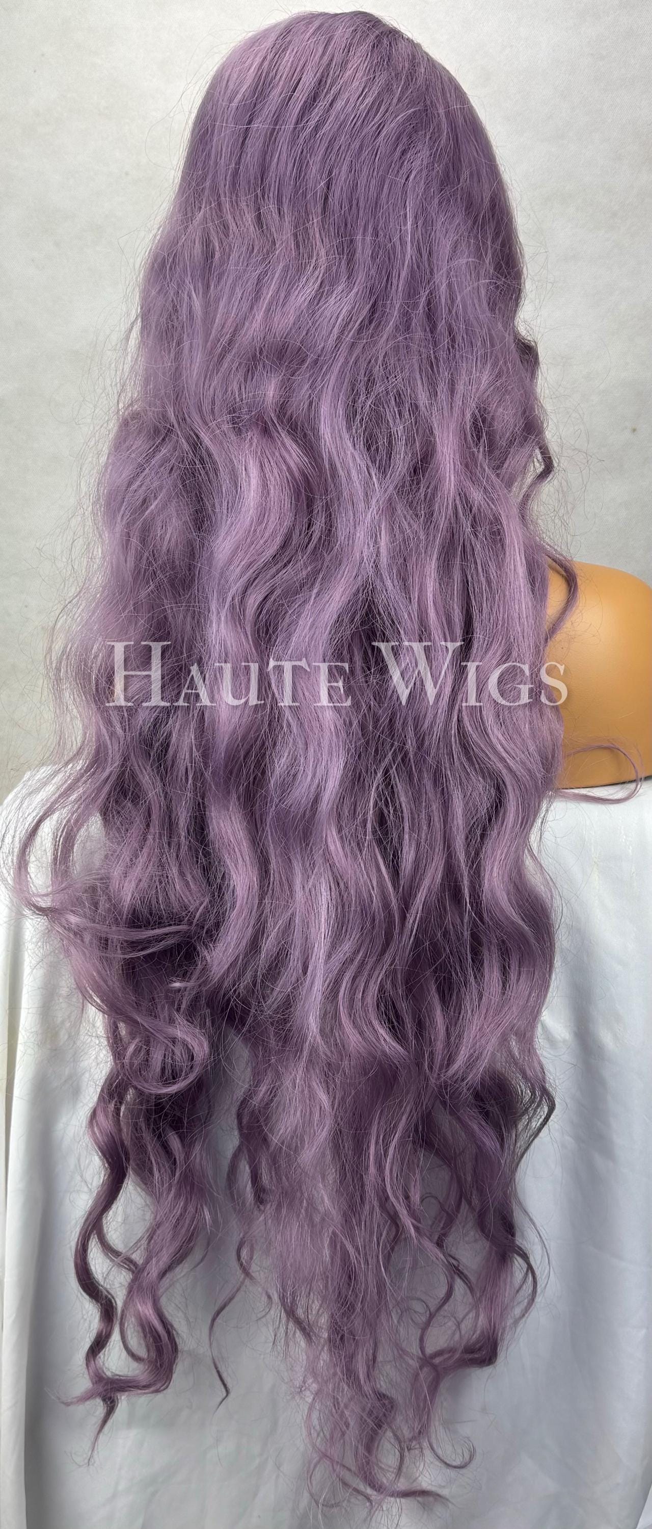Zuzu 38 inch Lilac Light Violet Wig Long Wavy side parting HD Lace Front Human Hair Blends Wig Gift for her Ladies Womens Wigs