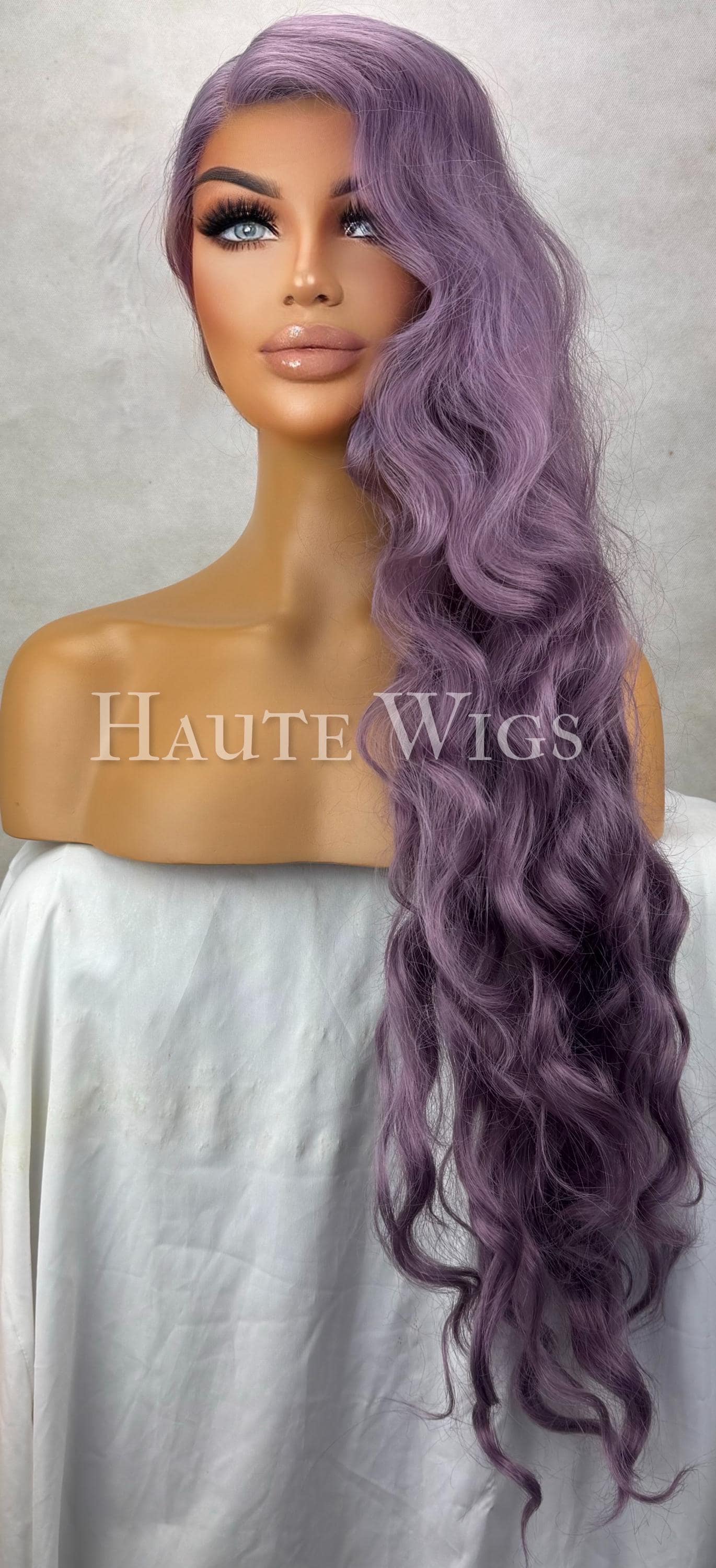 Zuzu 38 inch Lilac Light Violet Wig Long Wavy side parting HD Lace Front Human Hair Blends Wig Gift for her Ladies Womens Wigs